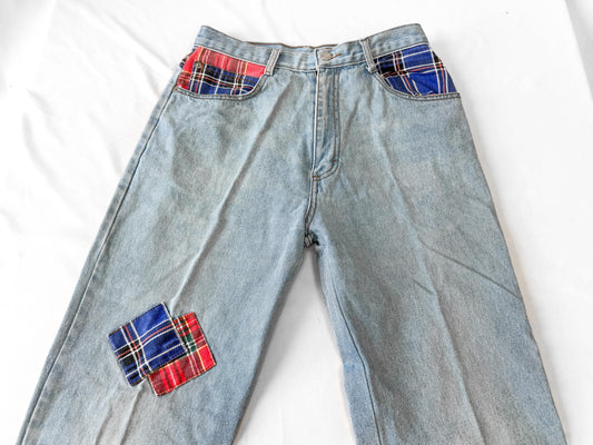 Vintage Light Wash Plaid Patchwork Tapered Mom Jeans, Sz. 29" x 28"