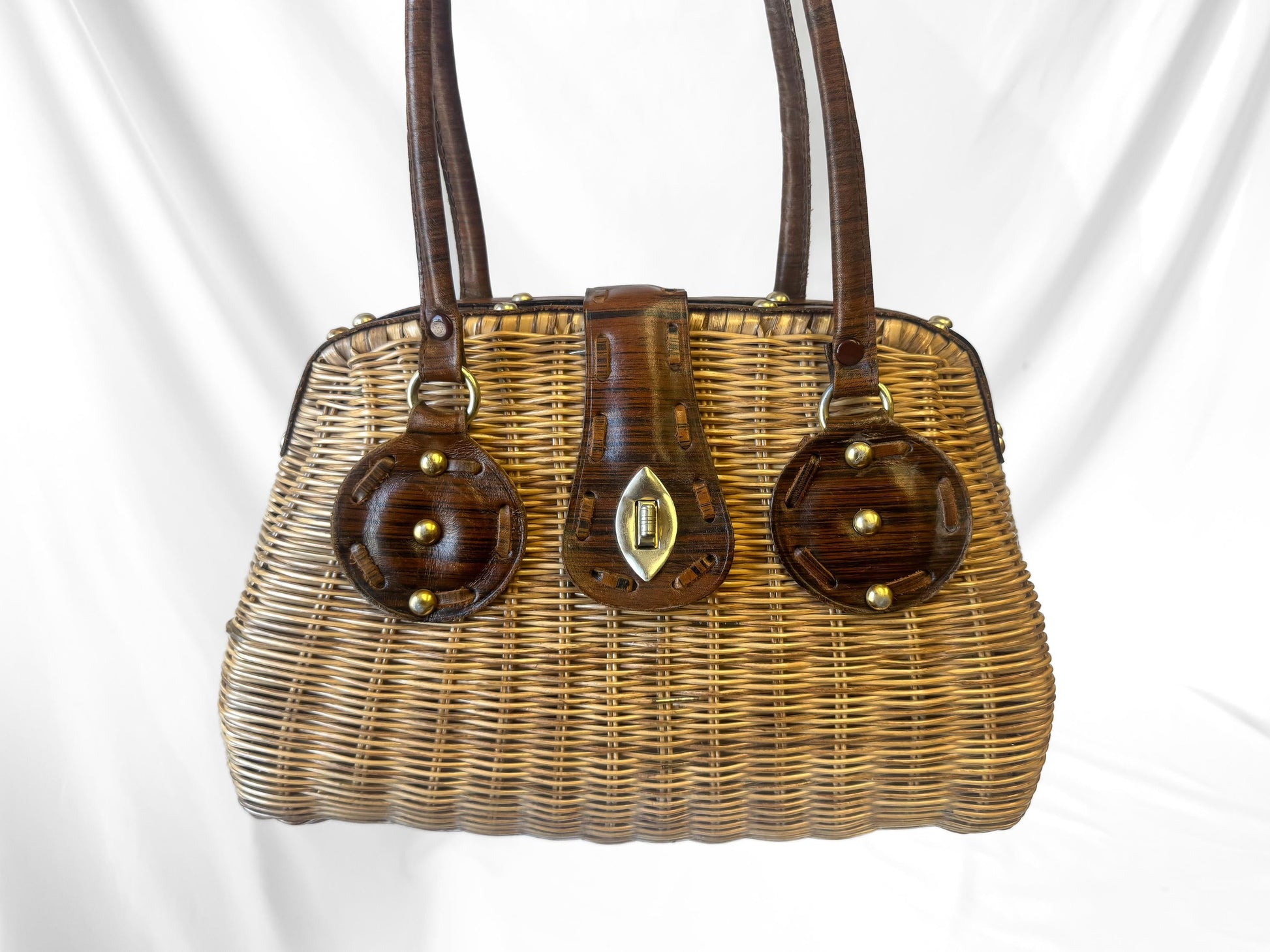Vintage 60s Wicker Raffia Leather Woven Top Handle Basket Bag, Unique Coquette Cottage Core Boho Handbag