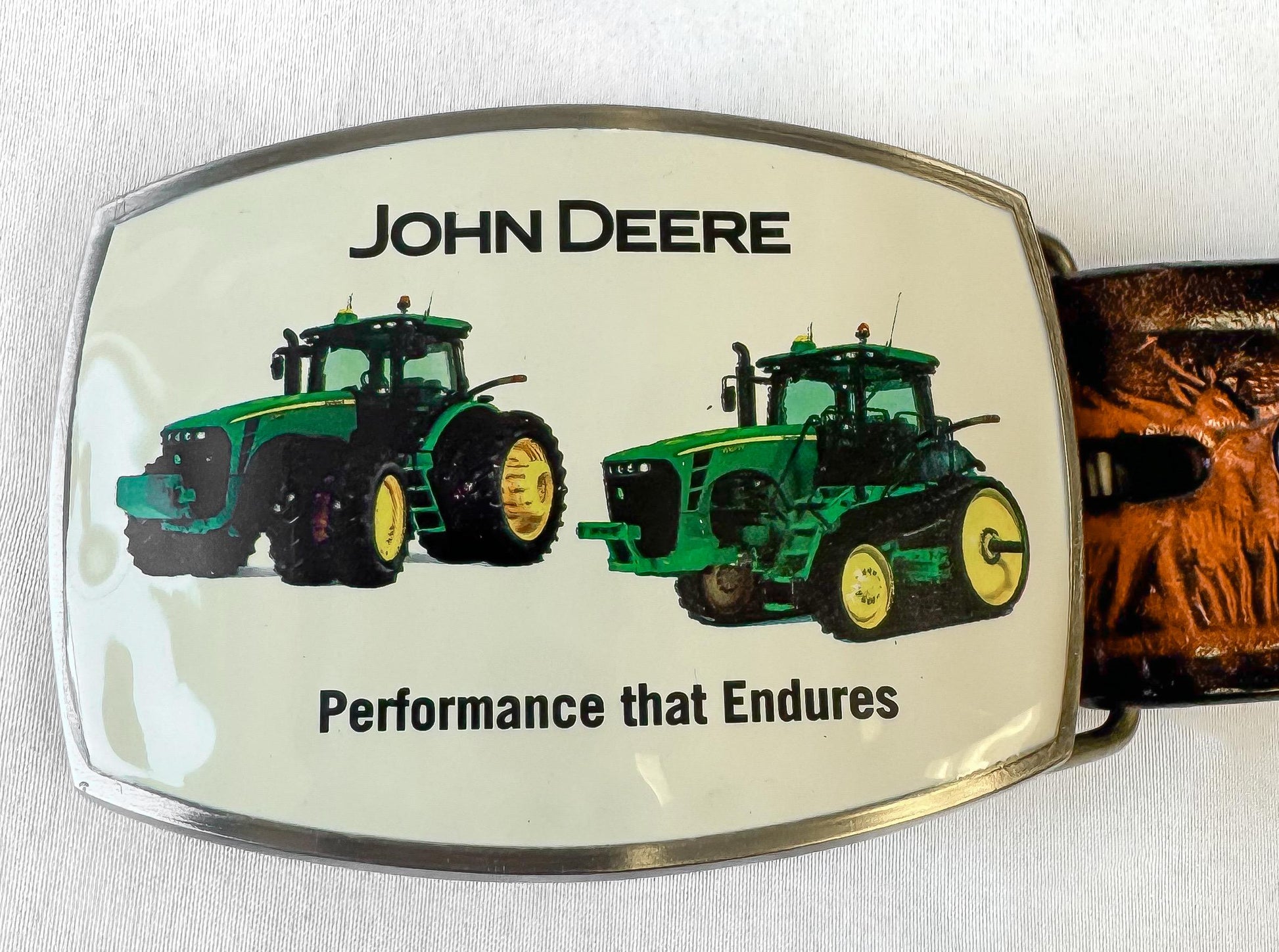 Vintage John Deere Tractor Deer Leather Tooled Belt, Sz. 32"- 42"
