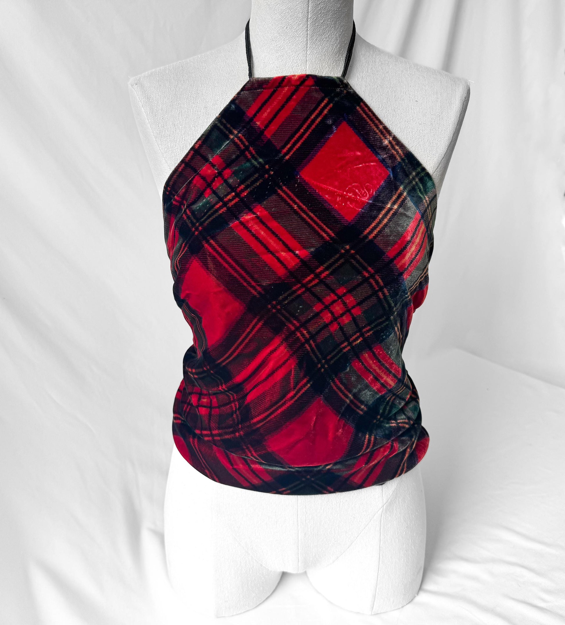 NWT Ralph Lauren Red Plaid Velvet Fringe Detail Halter Top, Sz. M