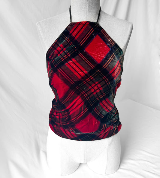NWT Ralph Lauren Red Plaid Velvet Fringe Detail Halter Top, Sz. M