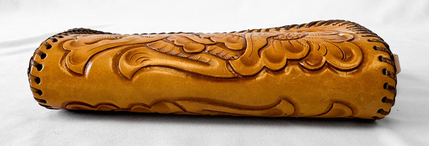 Vintage 70s Handcrafted Floral Tooled Leather Wristlet Clutch, Western Boho Style Accessories