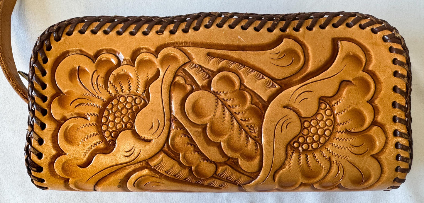 Vintage 70s Handcrafted Floral Tooled Leather Wristlet Clutch, Western Boho Style Accessories