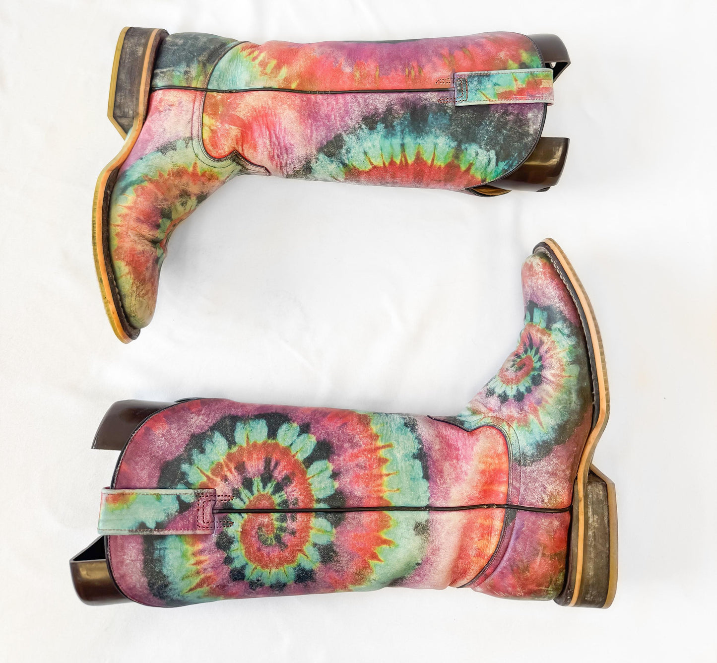 Unique Tin Haul Groovy Tie Dye Camper Sole Leather Square Toe Cowboy Boots, Women's Sz. 6, Statement Western Festival Hippie Boots