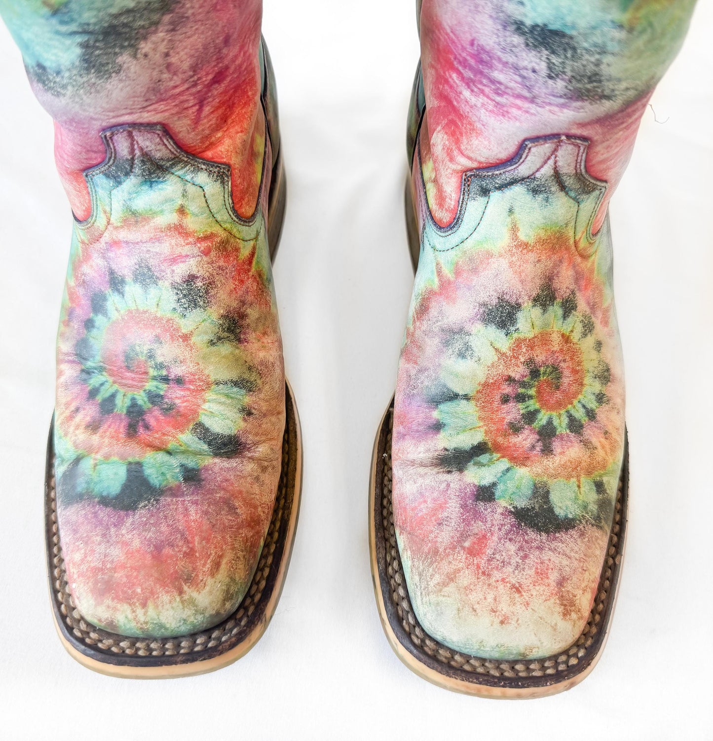 Unique Tin Haul Groovy Tie Dye Camper Sole Leather Square Toe Cowboy Boots, Women's Sz. 6, Statement Western Festival Hippie Boots