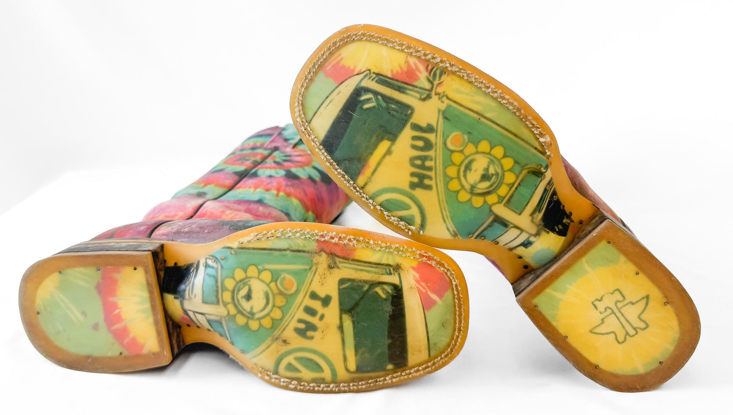 Unique Tin Haul Groovy Tie Dye Camper Sole Leather Square Toe Cowboy Boots, Women's Sz. 6, Statement Western Festival Hippie Boots