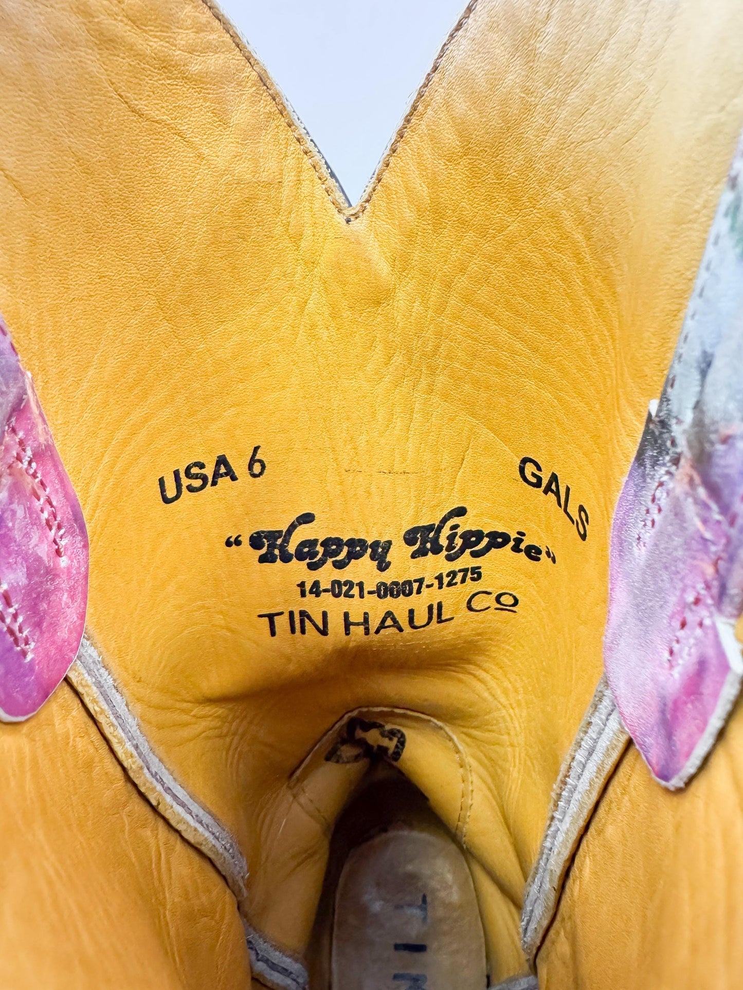 Unique Tin Haul Groovy Tie Dye Camper Sole Leather Square Toe Cowboy Boots, Women's Sz. 6, Statement Western Festival Hippie Boots