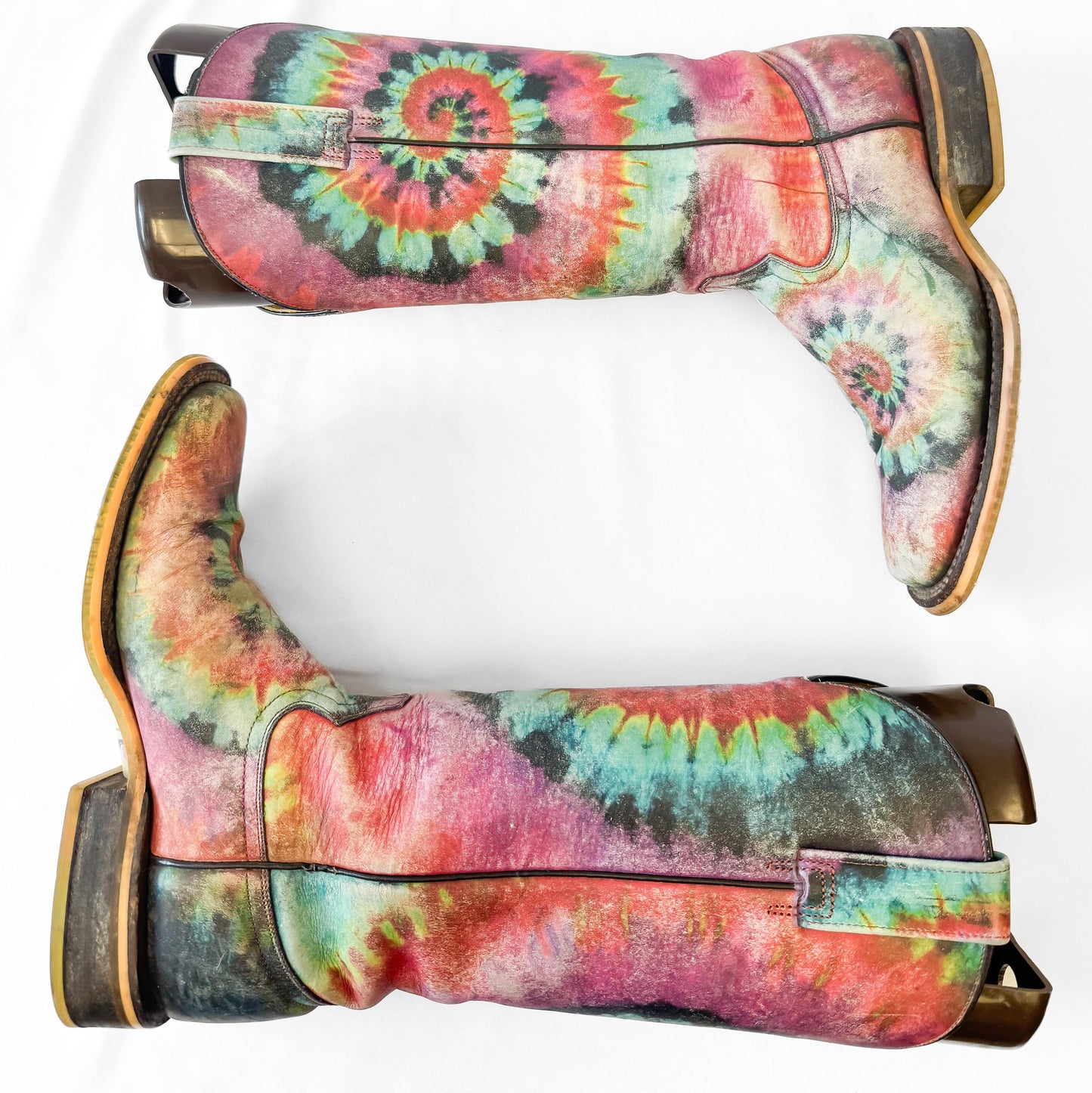 Unique Tin Haul Groovy Tie Dye Camper Sole Leather Square Toe Cowboy Boots, Women's Sz. 6, Statement Western Festival Hippie Boots