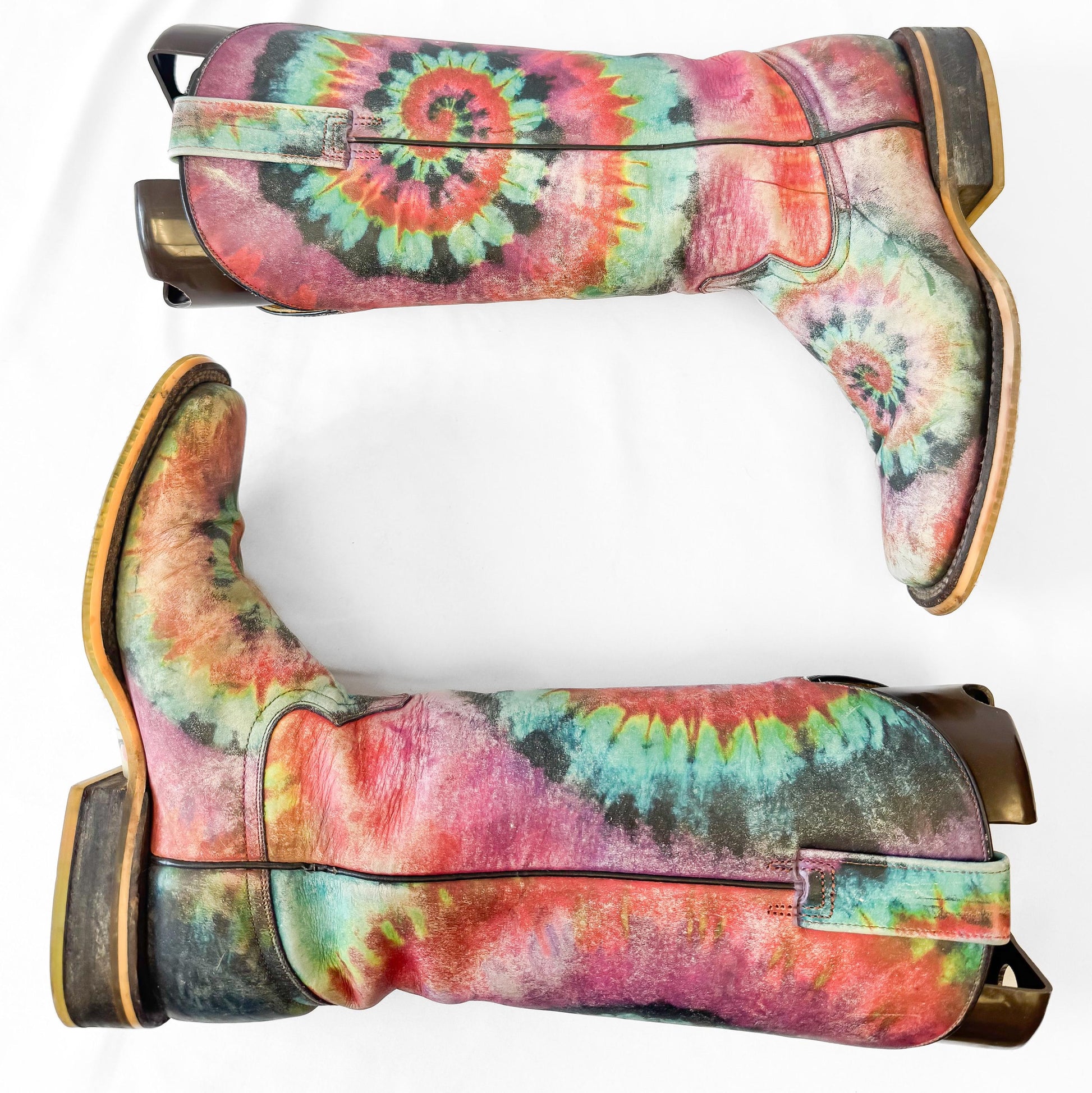 Unique Tin Haul Groovy Tie Dye Camper Sole Leather Square Toe Cowboy Boots, Women's Sz. 6, Statement Western Festival Hippie Boots