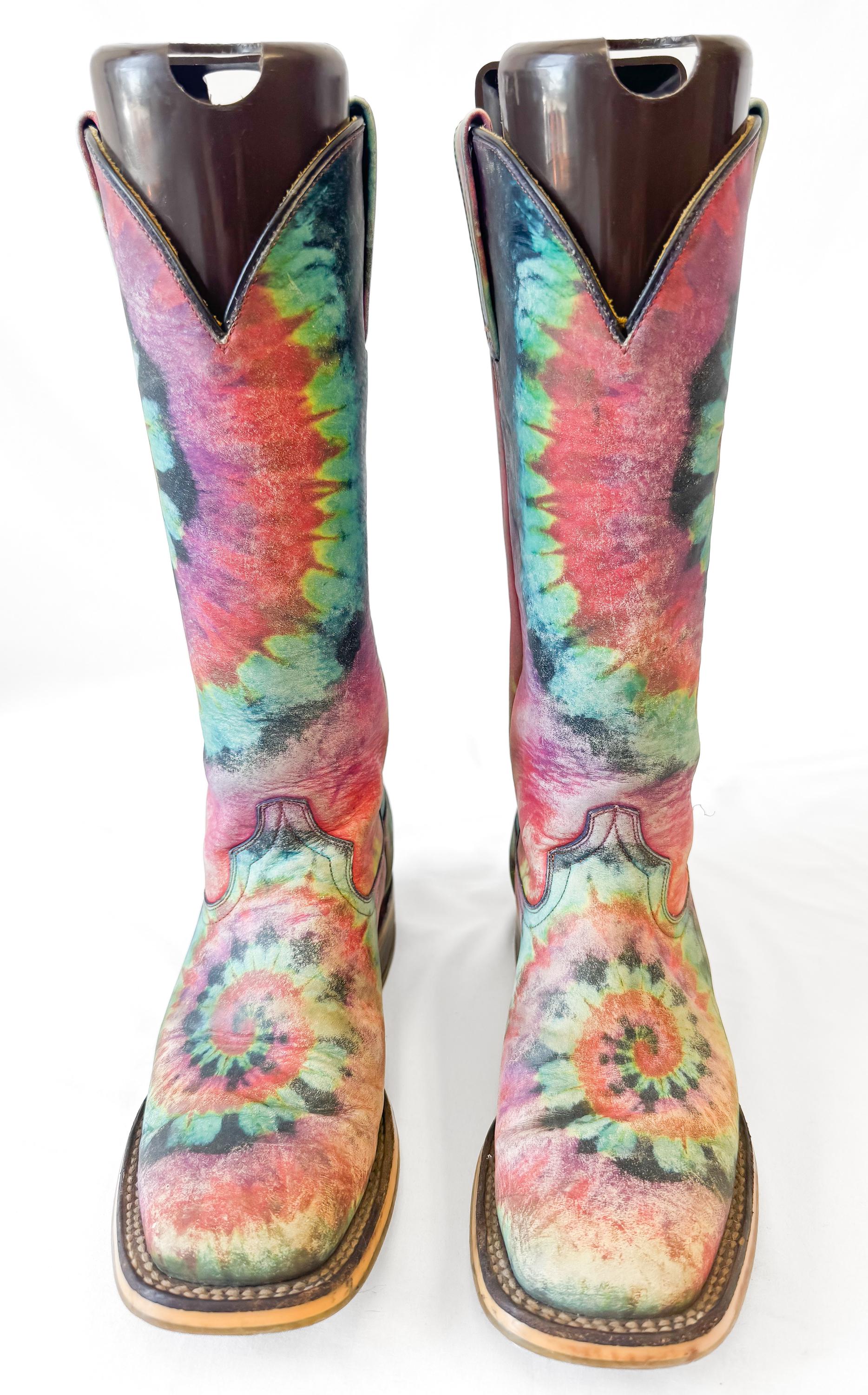 Unique Tin Haul Groovy Tie Dye Camper Sole Leather Square Toe Cowboy Boots, Women's Sz. 6, Statement Western Festival Hippie Boots