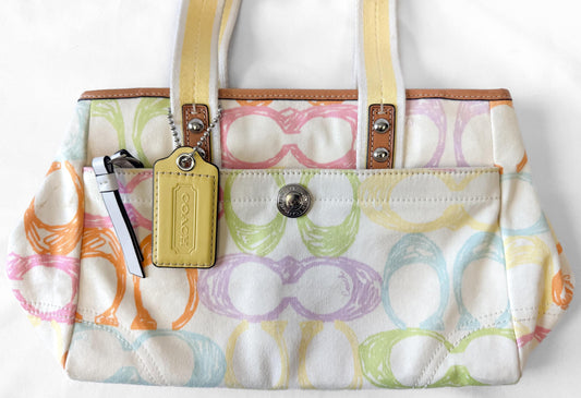 Y2K Coach Hampton White/Cream Rainbow Scribble Signature Canvas Top Handle Bag, Style 10673