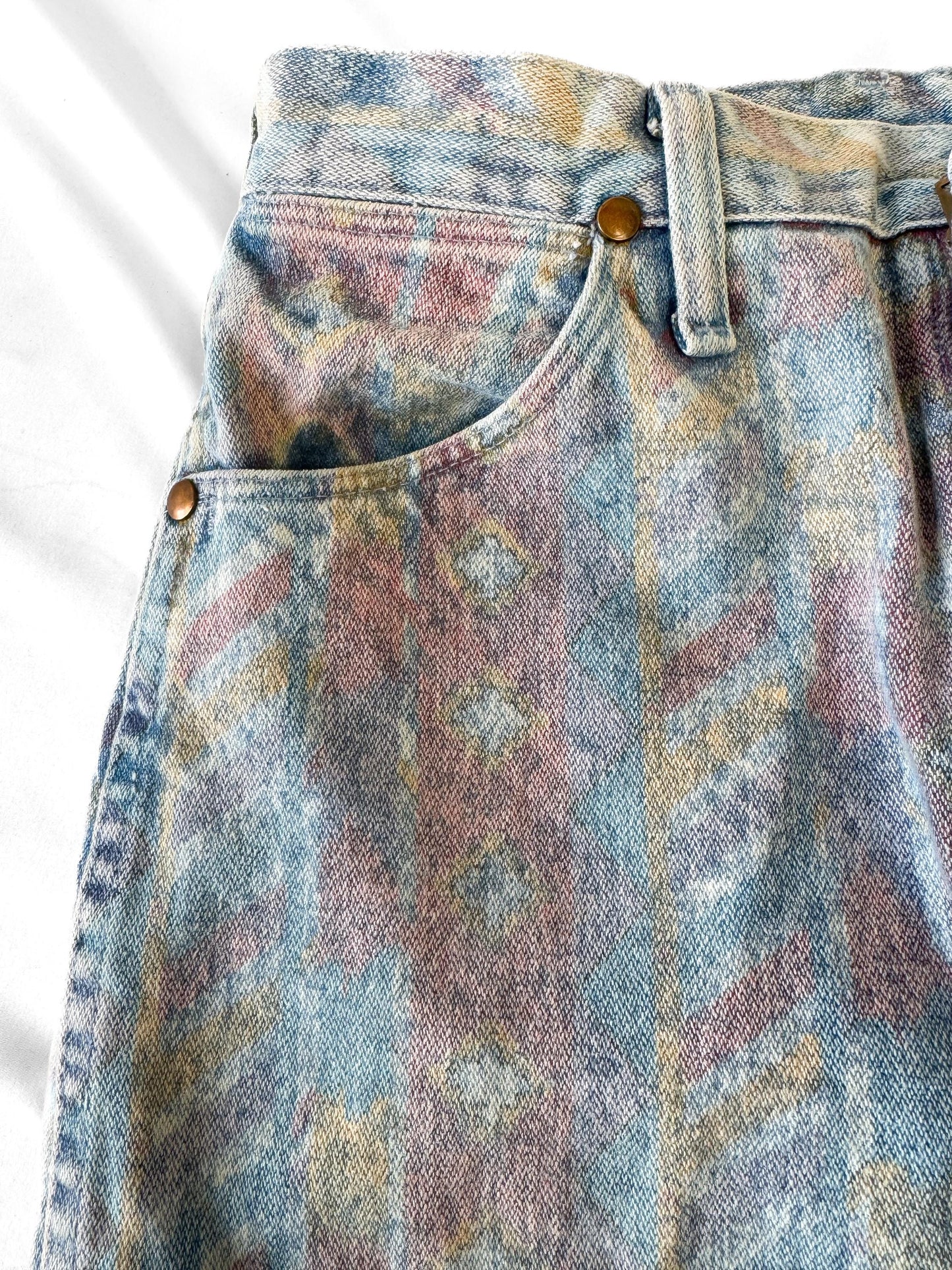 Vintage Wrangler Light Wash Faded Geometric Print Tapered Jeans, Sz. 28" x 34", Unique Retro Western Festival Jeans