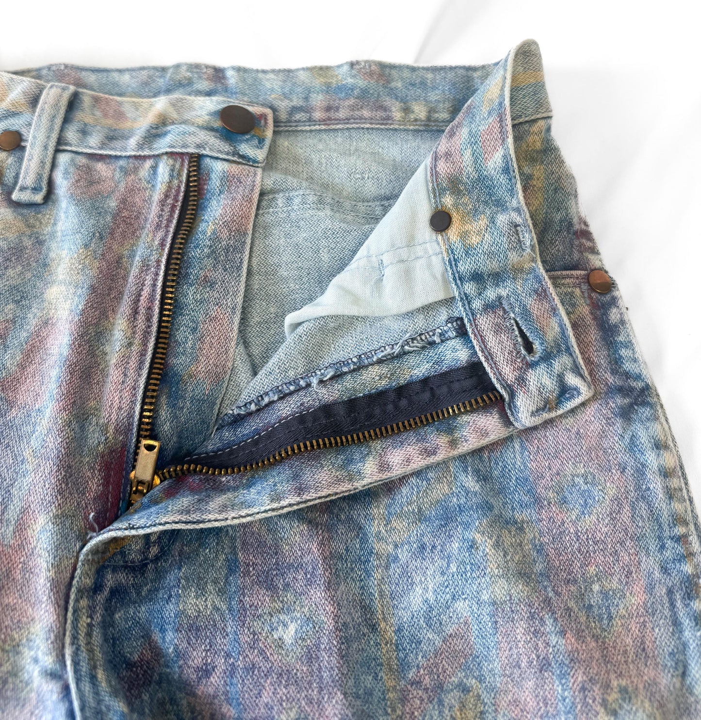 Vintage Wrangler Light Wash Faded Geometric Print Tapered Jeans, Sz. 28" x 34", Unique Retro Western Festival Jeans