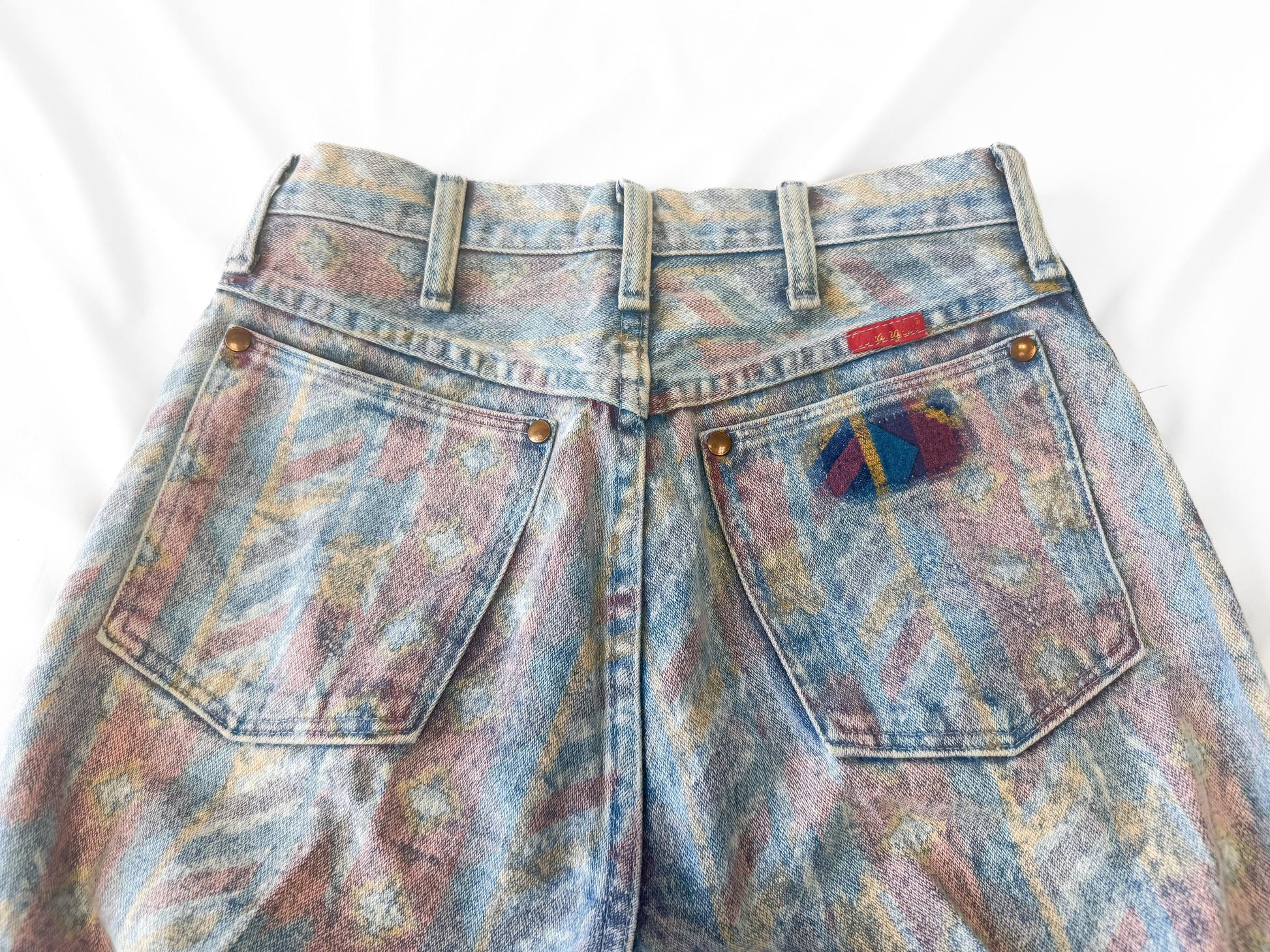 Vintage Wrangler Light Wash Faded Geometric Print Tapered Jeans, Sz. 28" x 34", Unique Retro Western Festival Jeans