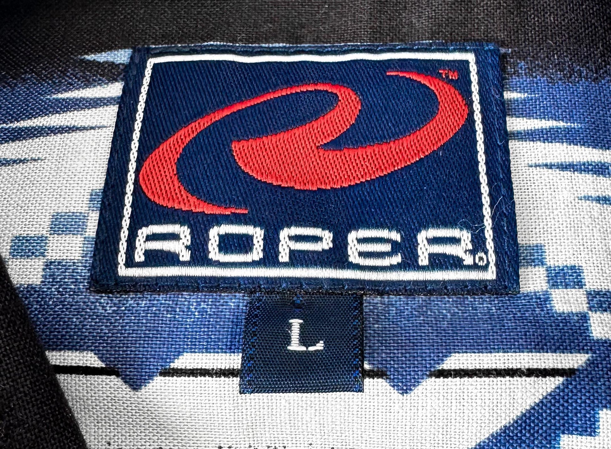 Vintage Roper Black Blue White Aztec Southwest Geometric Print Button Up, Men's Sz. L, Vintage Unisex Western Festival Shirt