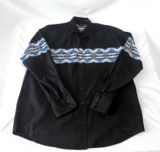 Vintage Roper Black Blue White Aztec Southwest Geometric Print Button Up, Men's Sz. L, Vintage Unisex Western Festival Shirt