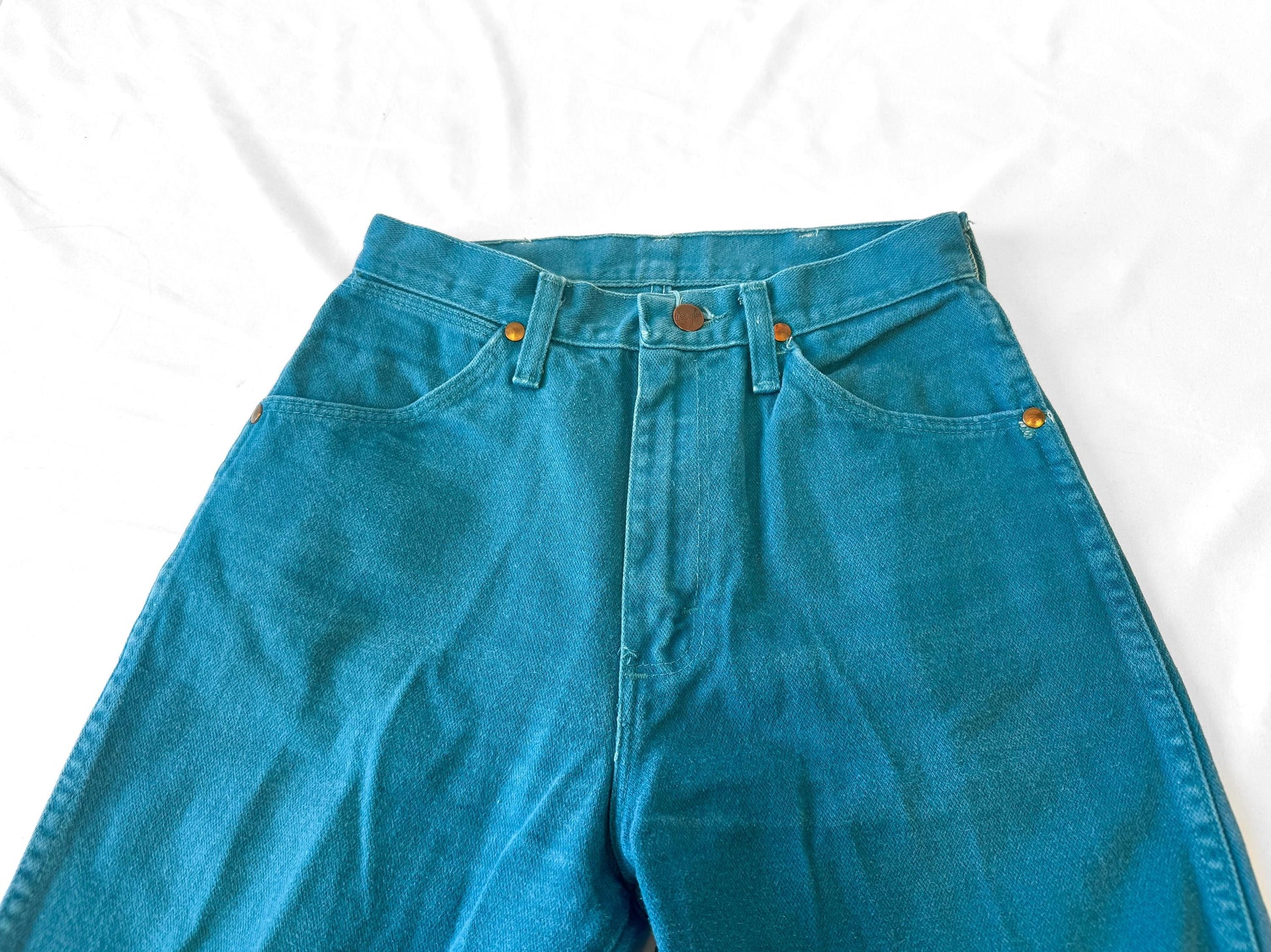 Vintage Wrangler Teal Blue Tapered Leg Jeans, Sz. 26" x 33", Unique Statement Western Festival Jeans