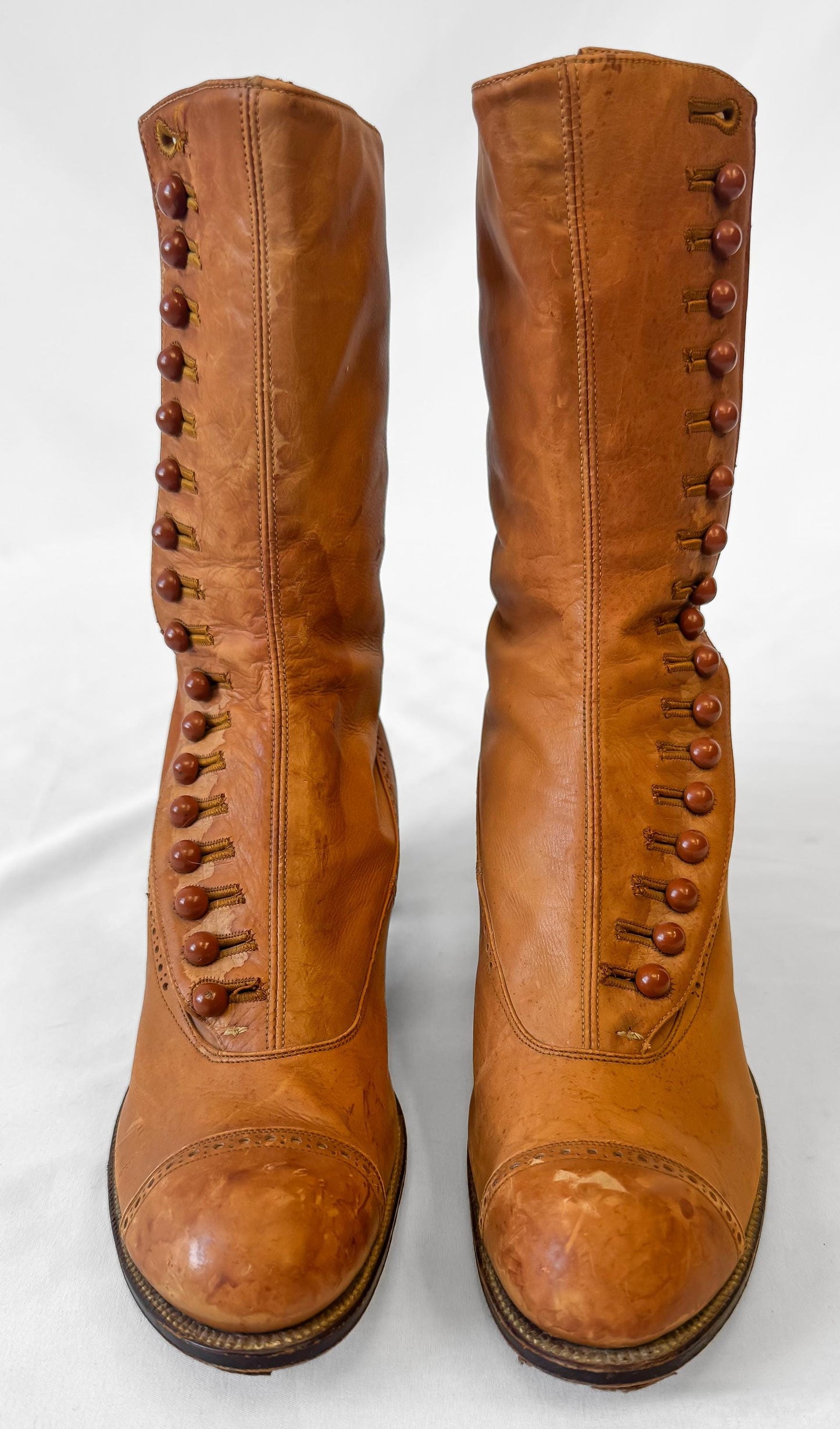 Vintage Victorian Edwardian Brown Tan Leather Button Up Heeled Boots, Approx. Sz. 5/5.5