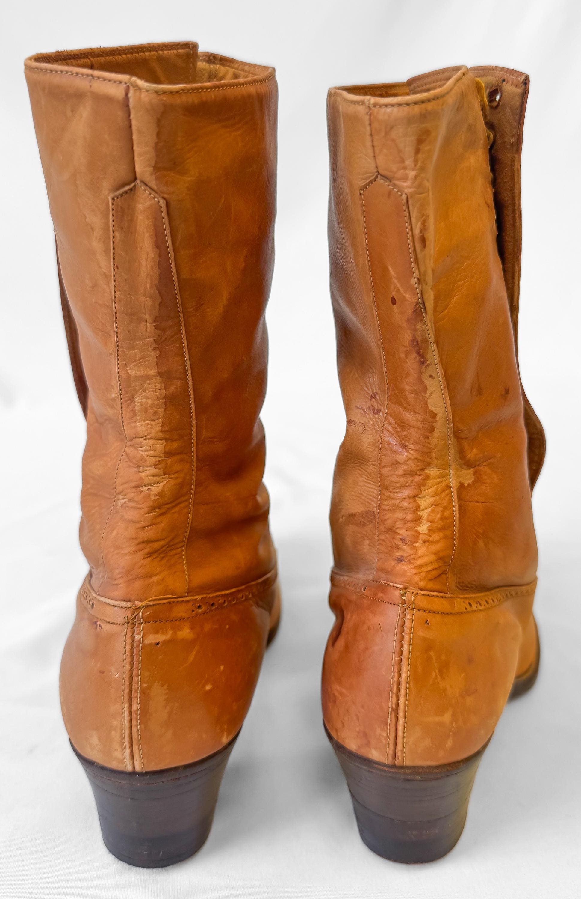 Vintage Victorian Edwardian Brown Tan Leather Button Up Heeled Boots, Approx. Sz. 5/5.5