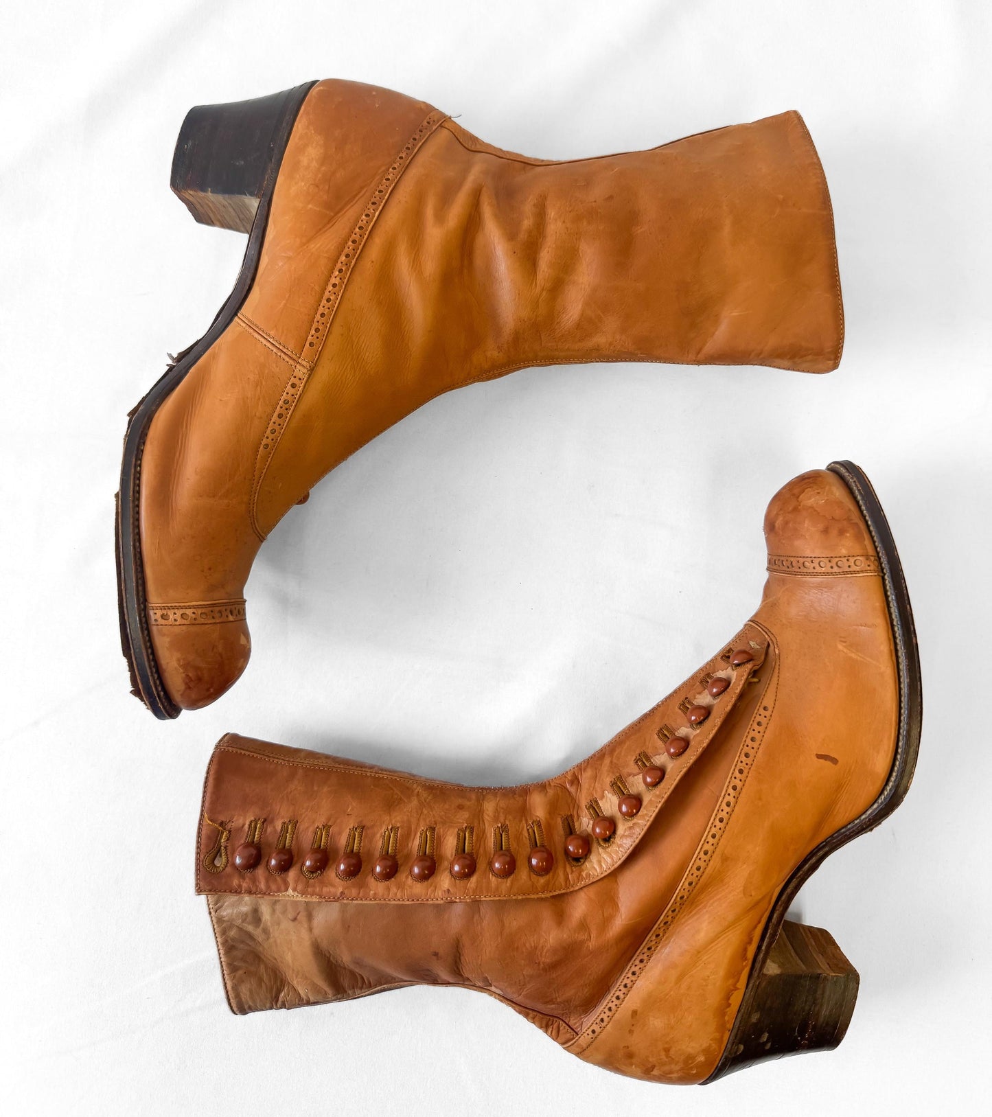 Vintage Victorian Edwardian Brown Tan Leather Button Up Heeled Boots, Approx. Sz. 5/5.5