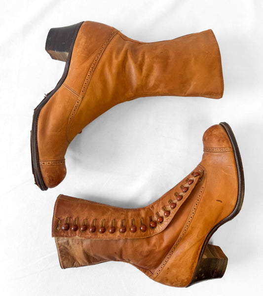 Vintage Victorian Edwardian Brown Tan Leather Button Up Heeled Boots, Approx. Sz. 5/5.5