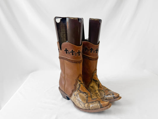 Vintage Style Corral Brown Snakeskin Leather Cross Cut Out Ankle Cowboy Boots, Women's Sz. 7.5M, Unique Western Festival Boots