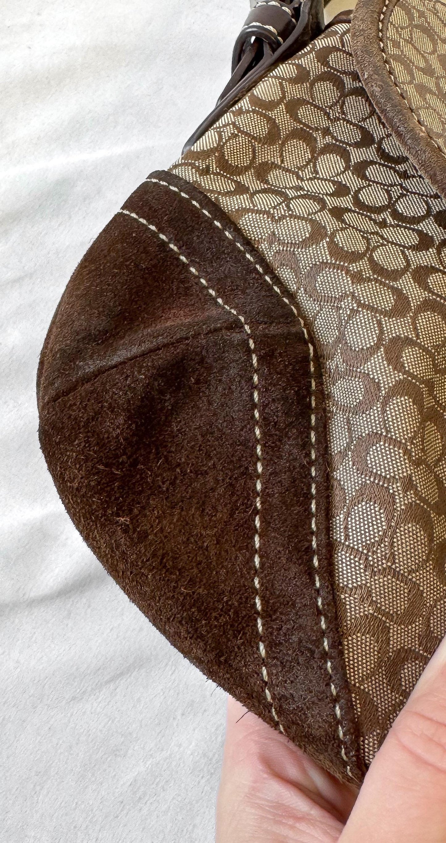 Y2K Coach Soho Brown Beige Suede Leather Trim Signature C Canvas Shoulder Bag, Style 6818
