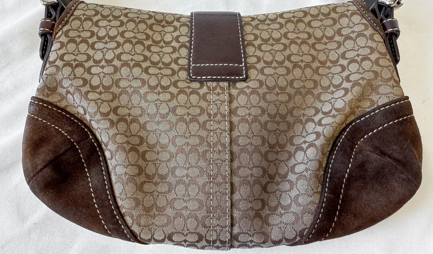 Y2K Coach Soho Brown Beige Suede Leather Trim Signature C Canvas Shoulder Bag, Style 6818