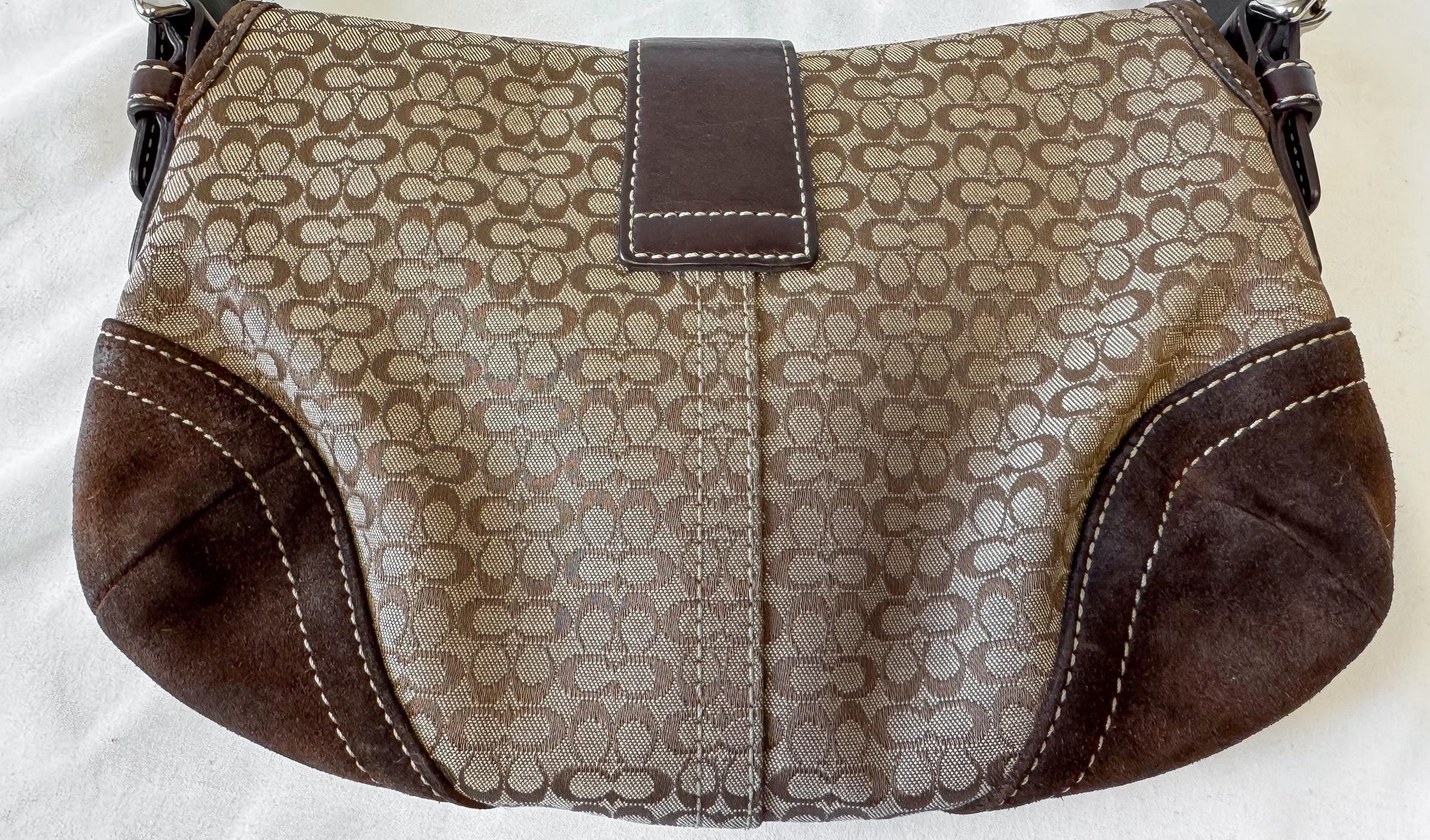 Y2K Coach Soho Brown Beige Suede Leather Trim Signature C Canvas Shoulder Bag, Style 6818