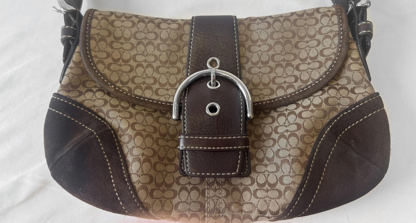 Y2K Coach Soho Brown Beige Suede Leather Trim Signature C Canvas Shoulder Bag, Style 6818