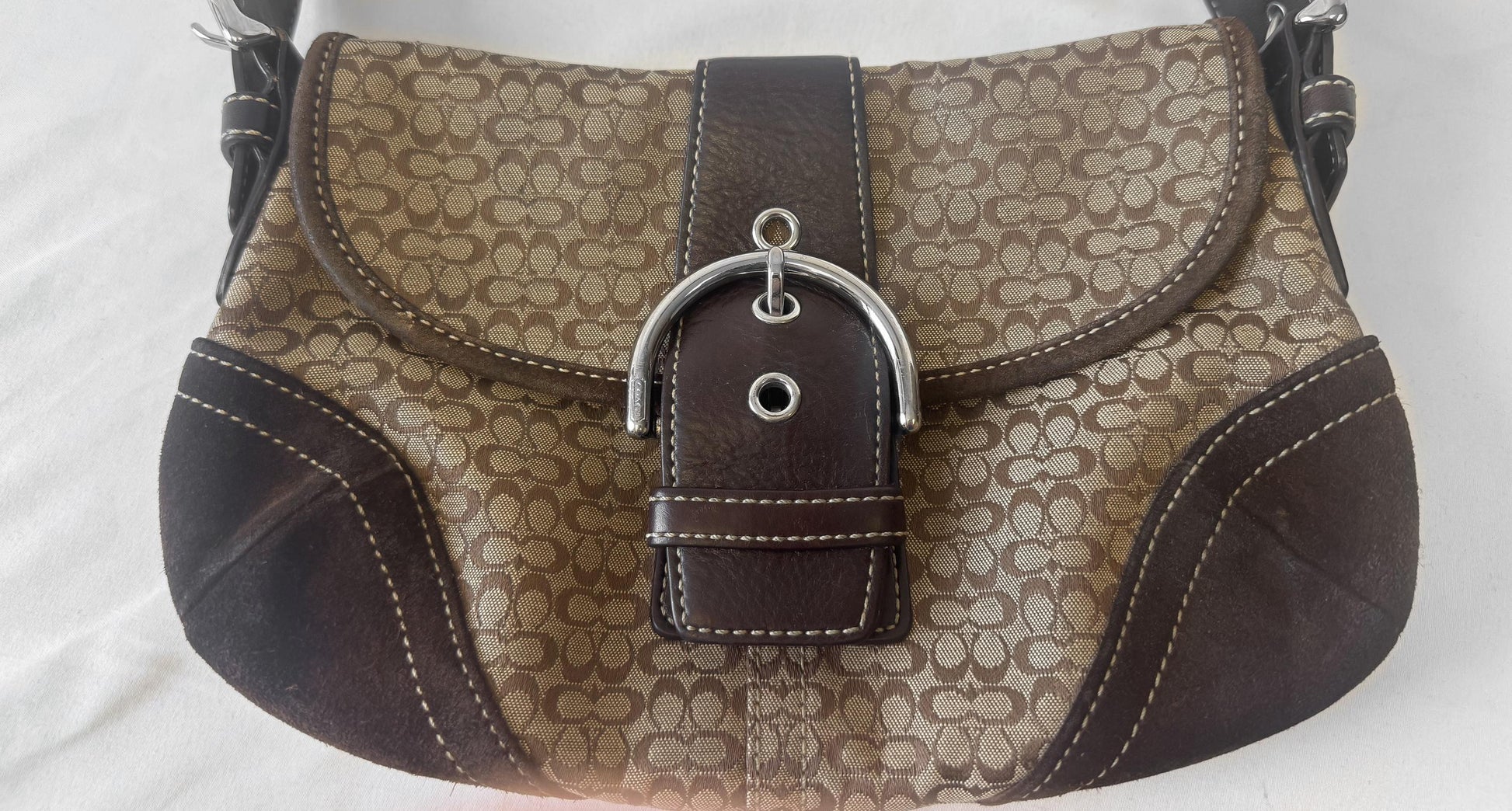 Y2K Coach Soho Brown Beige Suede Leather Trim Signature C Canvas Shoulder Bag, Style 6818
