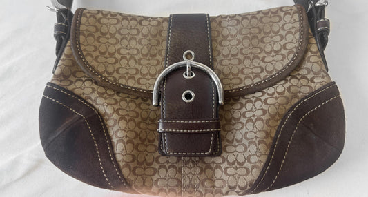Y2K Coach Soho Brown Beige Suede Leather Trim Signature C Canvas Shoulder Bag, Style 6818