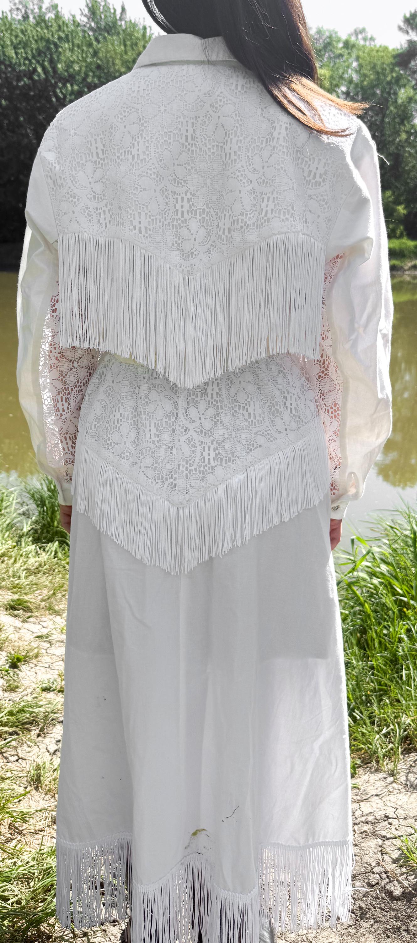 Vintage Sas'sa White Fringe Floral Lace Button Up Collared Dress, Women's Sz. Small/4, Western Boho Festival Style Dress