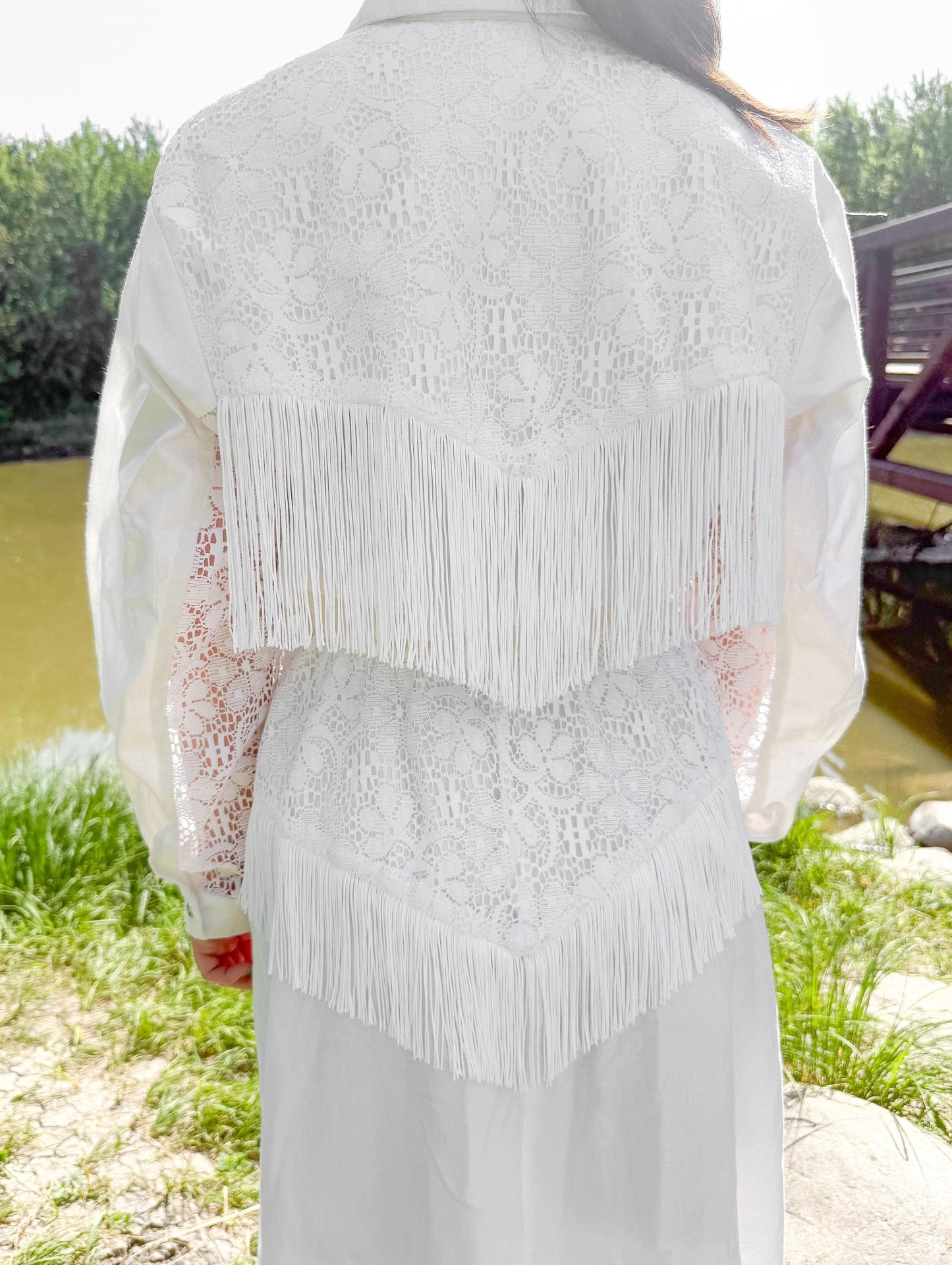Vintage Sas'sa White Fringe Floral Lace Button Up Collared Dress, Women's Sz. Small/4, Western Boho Festival Style Dress