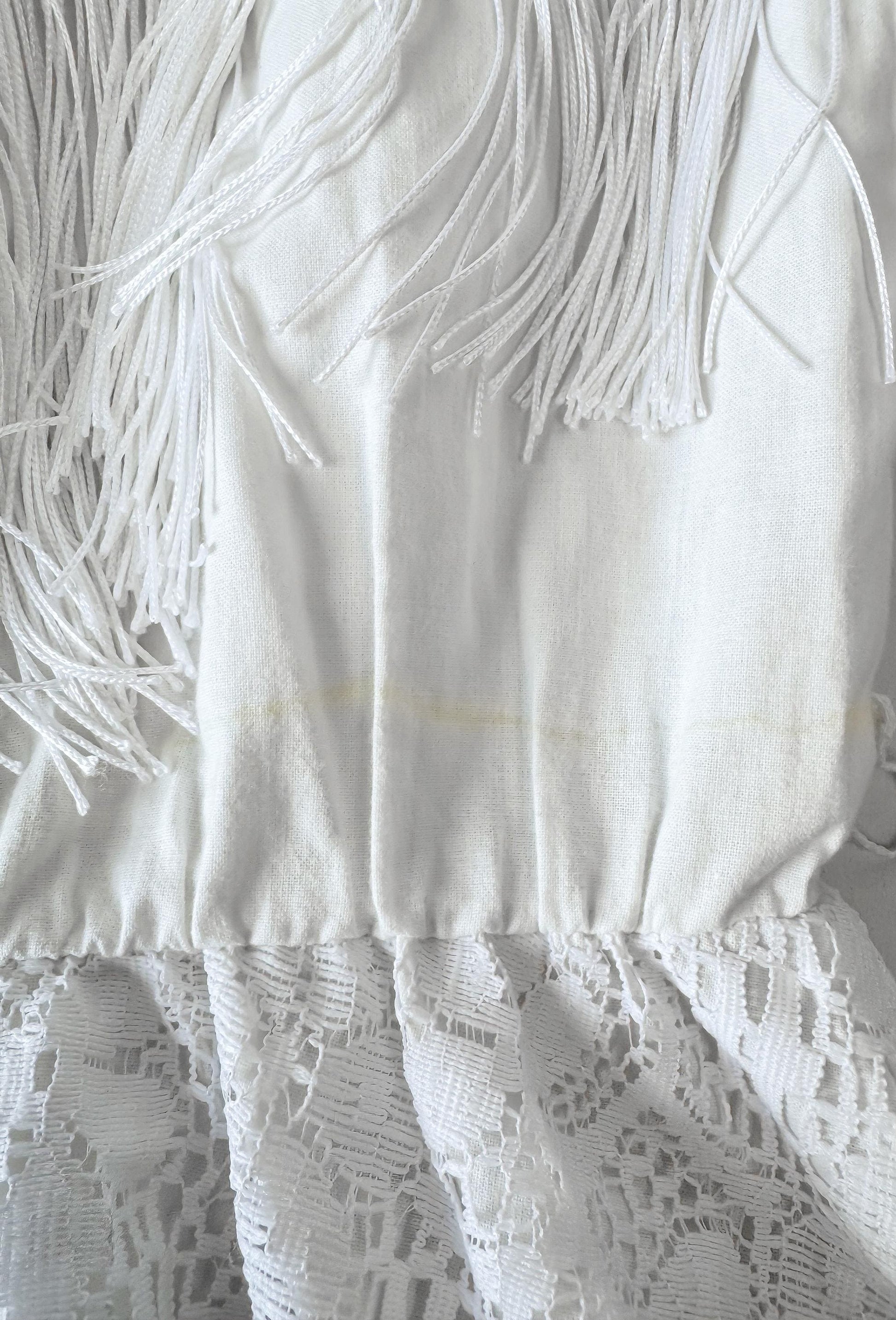 Vintage Sas'sa White Fringe Floral Lace Button Up Collared Dress, Women's Sz. Small/4, Western Boho Festival Style Dress