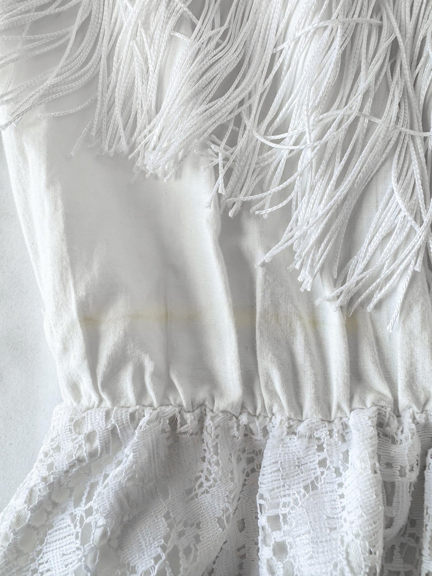 Vintage Sas'sa White Fringe Floral Lace Button Up Collared Dress, Women's Sz. Small/4, Western Boho Festival Style Dress