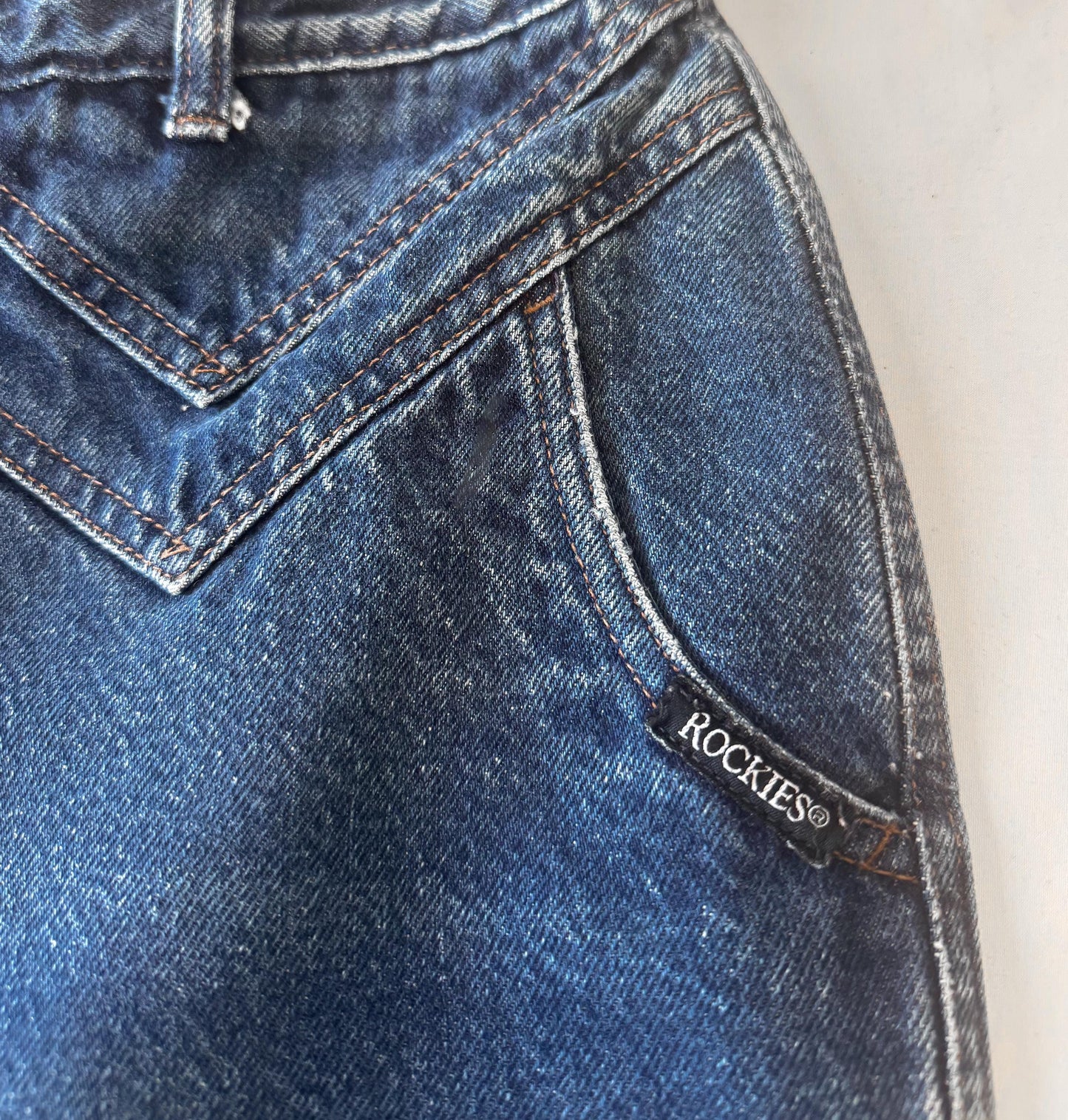Vintage Rockies Medium/Dark Wash Pocketless Straight Leg Asymmetrical Chevron Yoke Jeans, Women's Sz. 29" x 32", Vintage Western Jeans