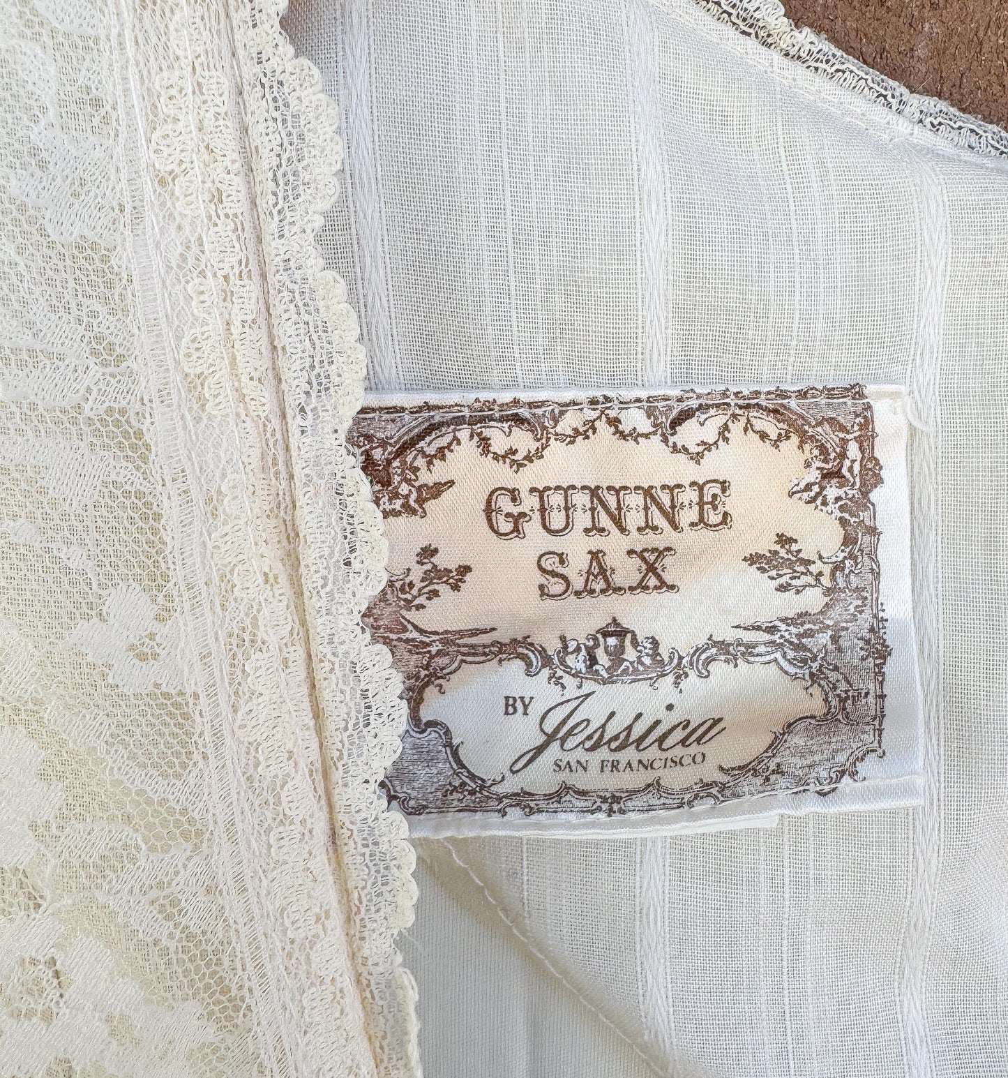 70s Gunne Sax Cream Off-White Lace Tie-Front Ruffle Floral Trim Maxi Dress Sz 4-6, Vintage Victorian Edwardian Coquette Cottage Core Dress