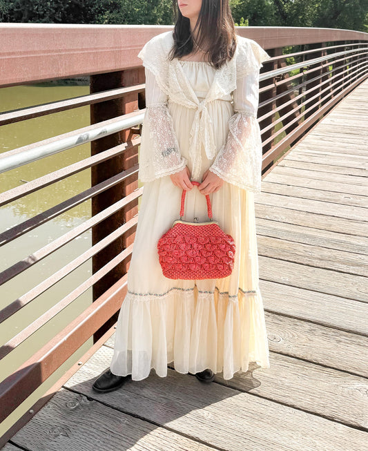 70s Gunne Sax Cream Off-White Lace Tie-Front Ruffle Floral Trim Maxi Dress Sz 4-6, Vintage Victorian Edwardian Coquette Cottage Core Dress