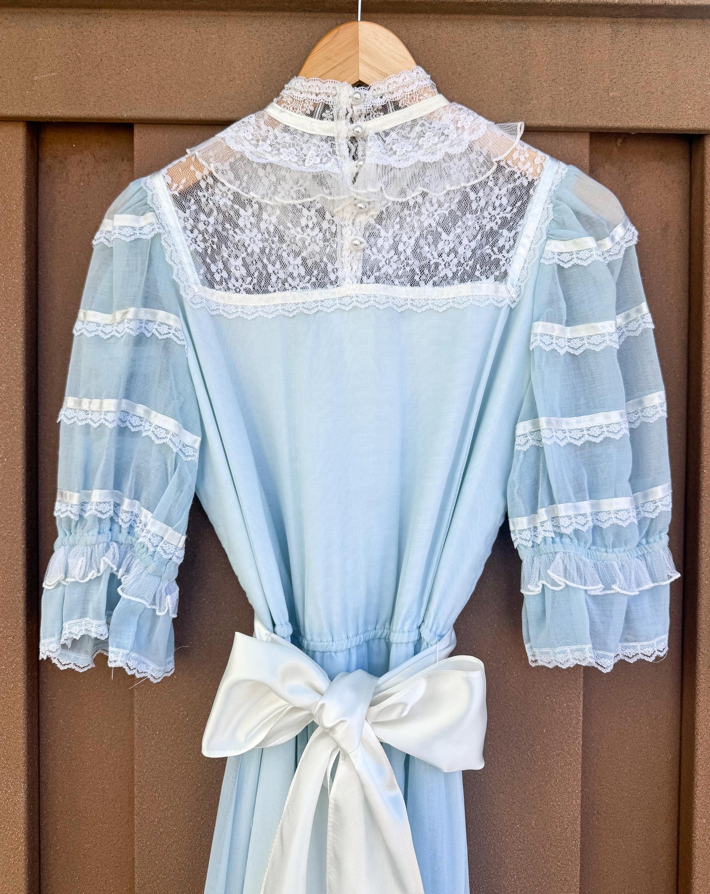 70s Gunne Sax Baby Blue High Neck Lace Pearl Detail Ribbon Tie Maxi Dress, Sz. 2-4, Vintage Victorian Edwardian Coquette Cottage Core Dress