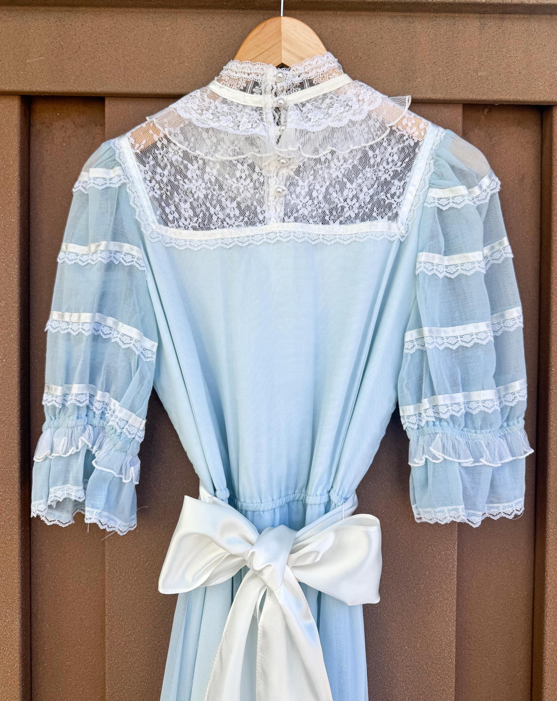 70s Gunne Sax Baby Blue High Neck Lace Pearl Detail Ribbon Tie Maxi Dress, Sz. 2-4, Vintage Victorian Edwardian Coquette Cottage Core Dress