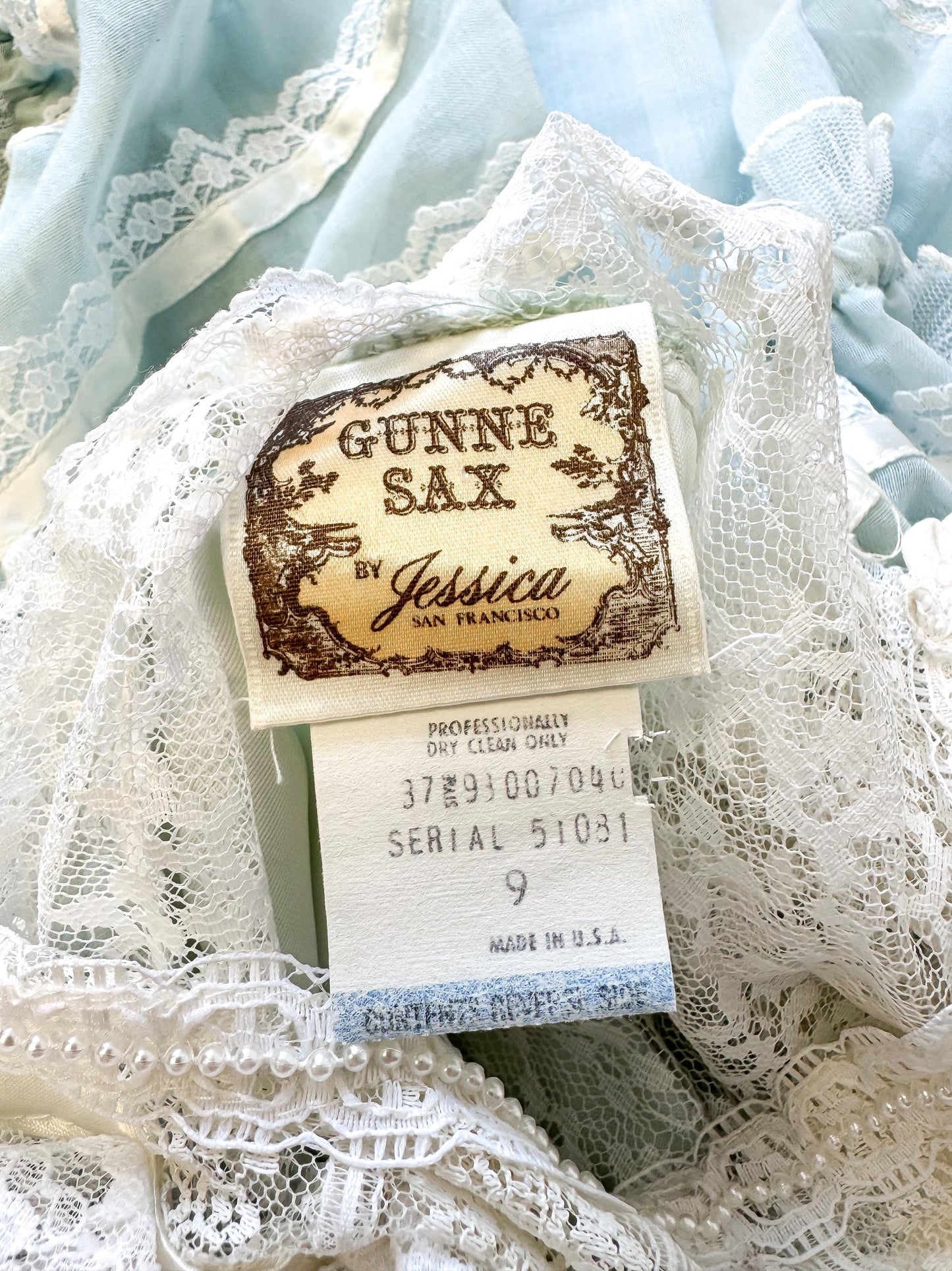 70s Gunne Sax Baby Blue High Neck Lace Pearl Detail Ribbon Tie Maxi Dress, Sz. 2-4, Vintage Victorian Edwardian Coquette Cottage Core Dress