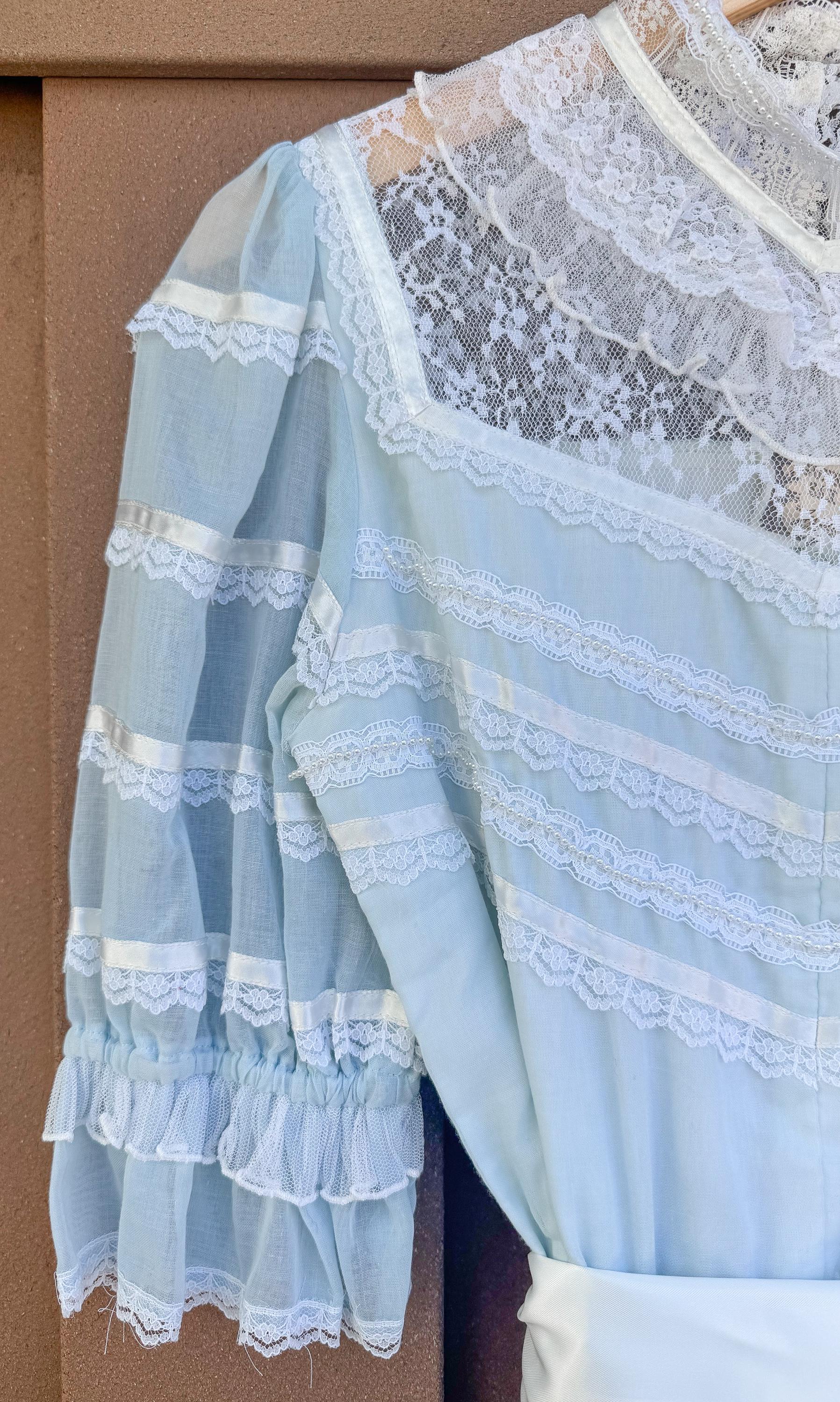 70s Gunne Sax Baby Blue High Neck Lace Pearl Detail Ribbon Tie Maxi Dress, Sz. 2-4, Vintage Victorian Edwardian Coquette Cottage Core Dress