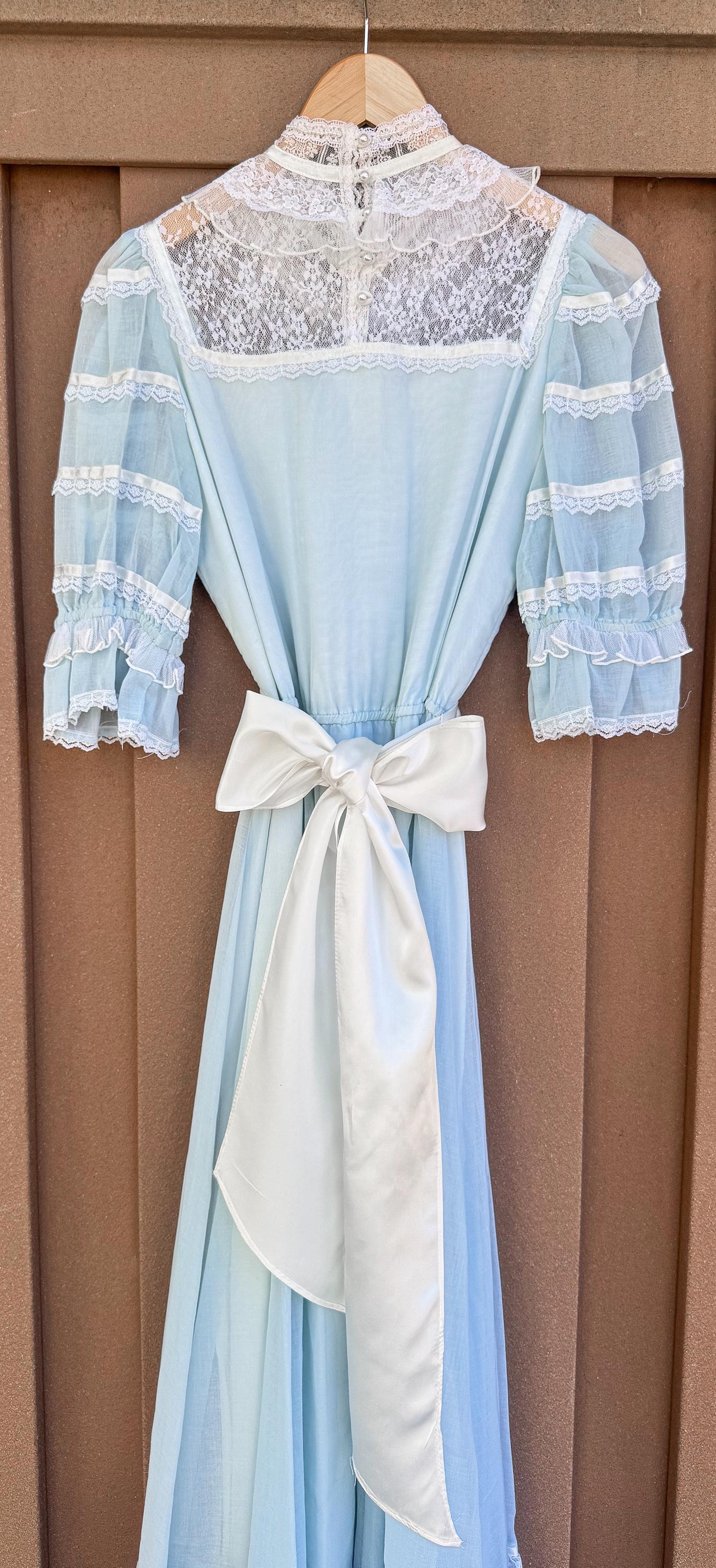 70s Gunne Sax Baby Blue High Neck Lace Pearl Detail Ribbon Tie Maxi Dress, Sz. 2-4, Vintage Victorian Edwardian Coquette Cottage Core Dress