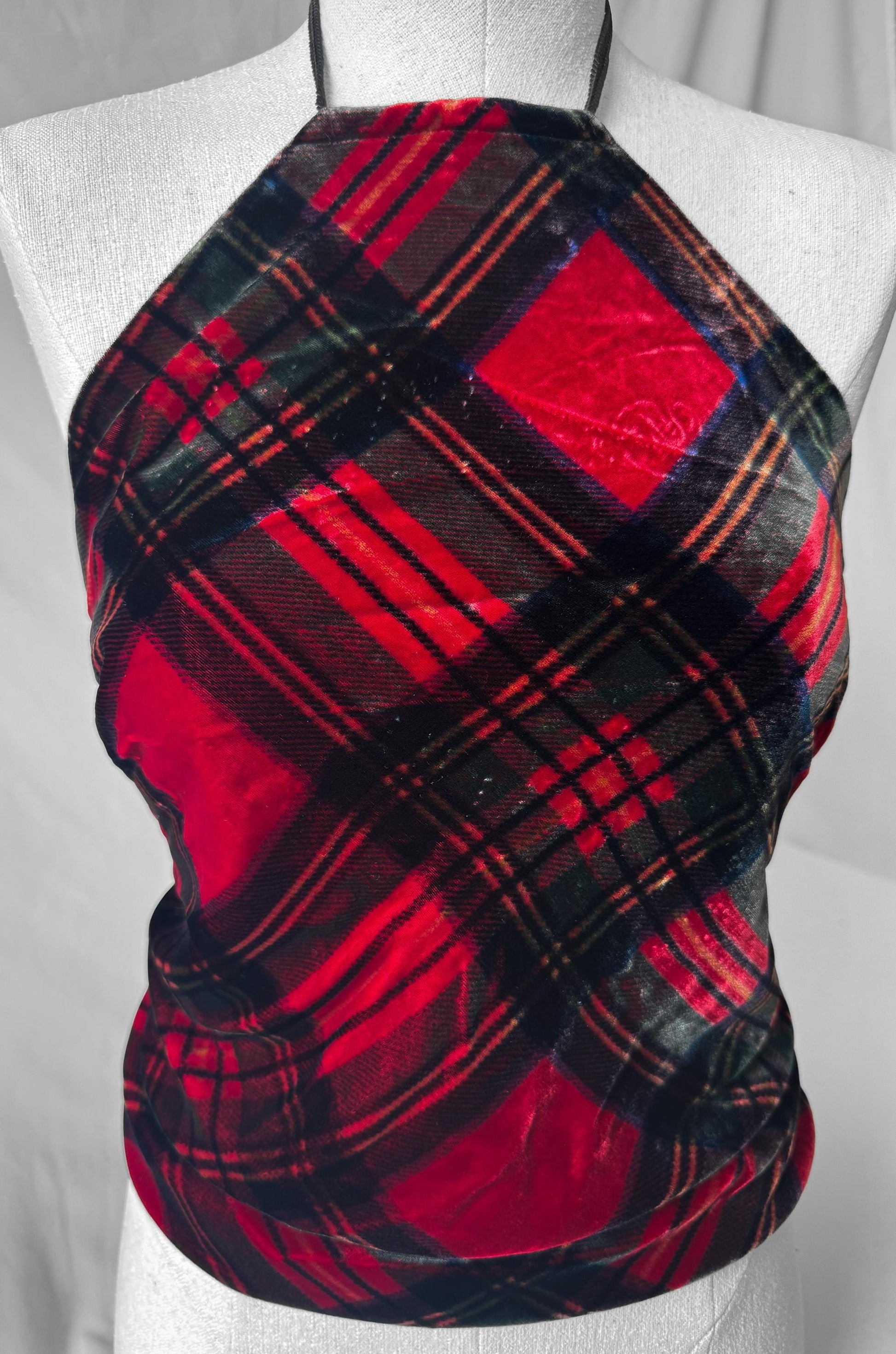 NWT Ralph Lauren Red Plaid Velvet Fringe Detail Halter Top, Sz. M