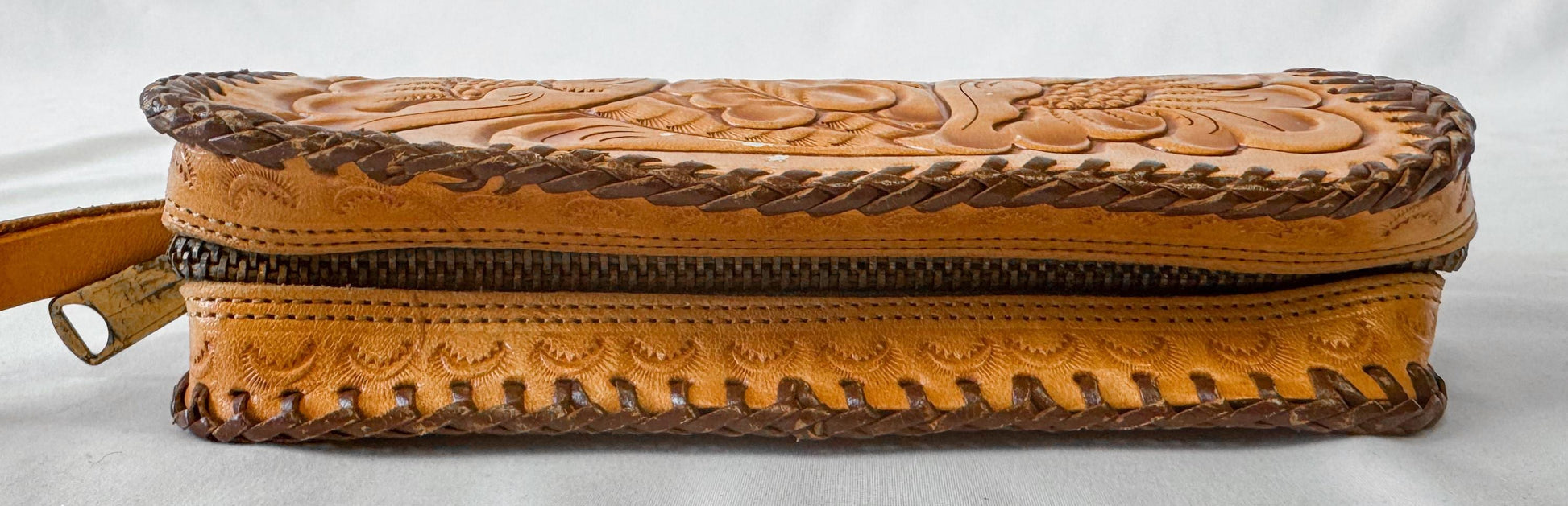 Vintage 70s Handcrafted Floral Tooled Leather Wristlet Clutch, Western Boho Style Accessories