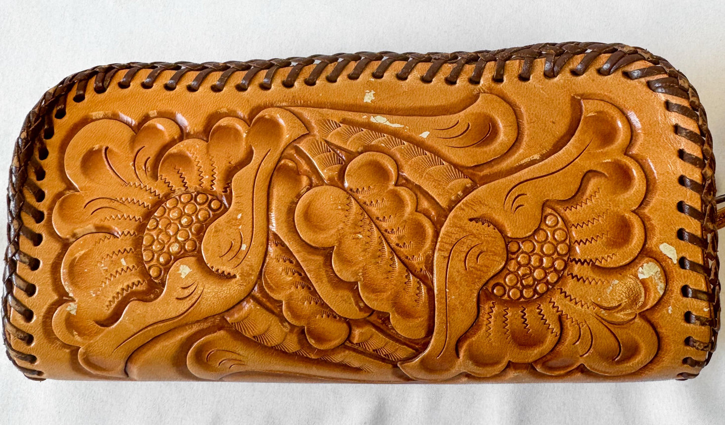 Vintage 70s Handcrafted Floral Tooled Leather Wristlet Clutch, Western Boho Style Accessories