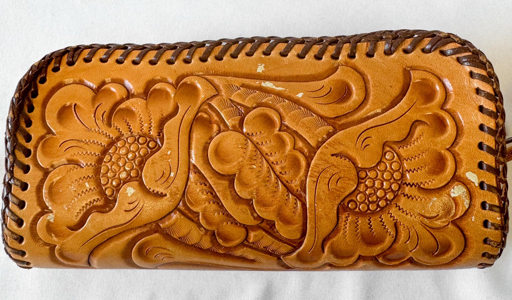 Vintage 70s Handcrafted Floral Tooled Leather Wristlet Clutch, Western Boho Style Accessories