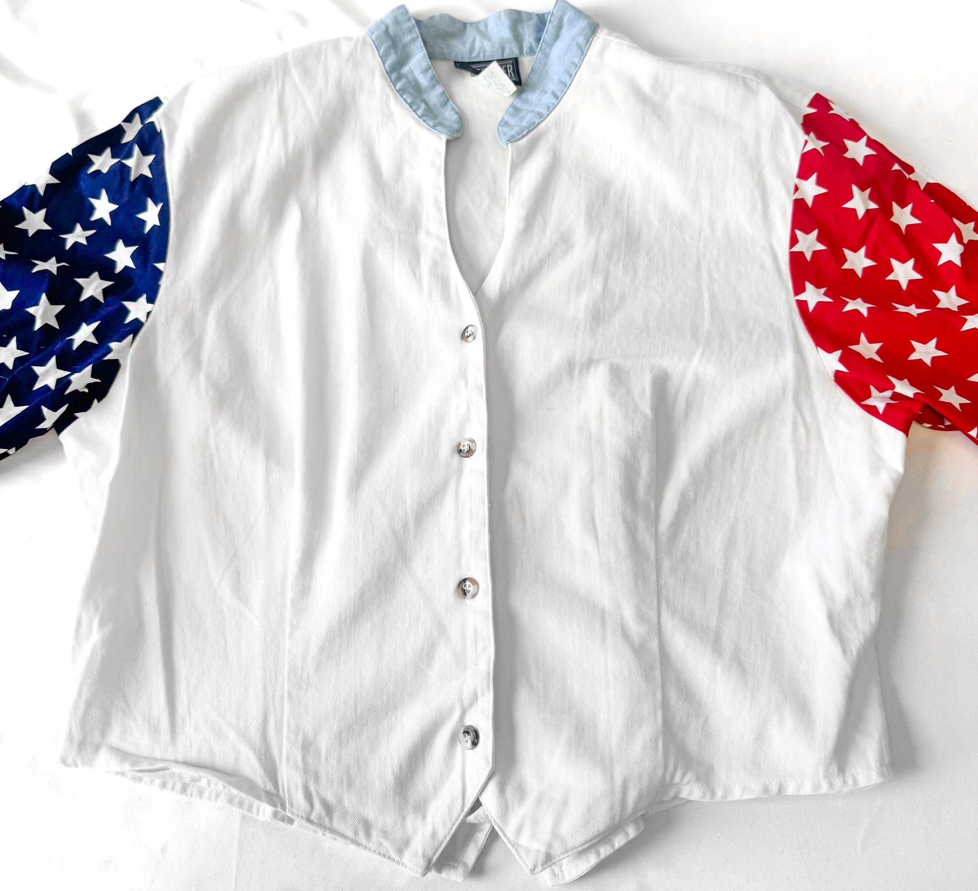 Vintage Americana Western Red White Blue Star Long Sleeve Crop Button Up, Women's Sz. S, Unique Western Patriotic Style Top
