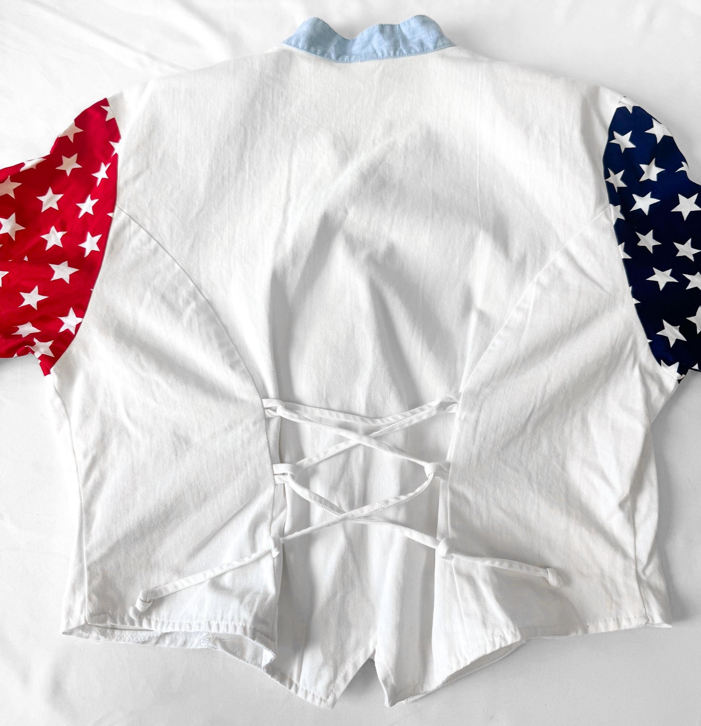 Vintage Americana Western Red White Blue Star Long Sleeve Crop Button Up, Women's Sz. S, Unique Western Patriotic Style Top